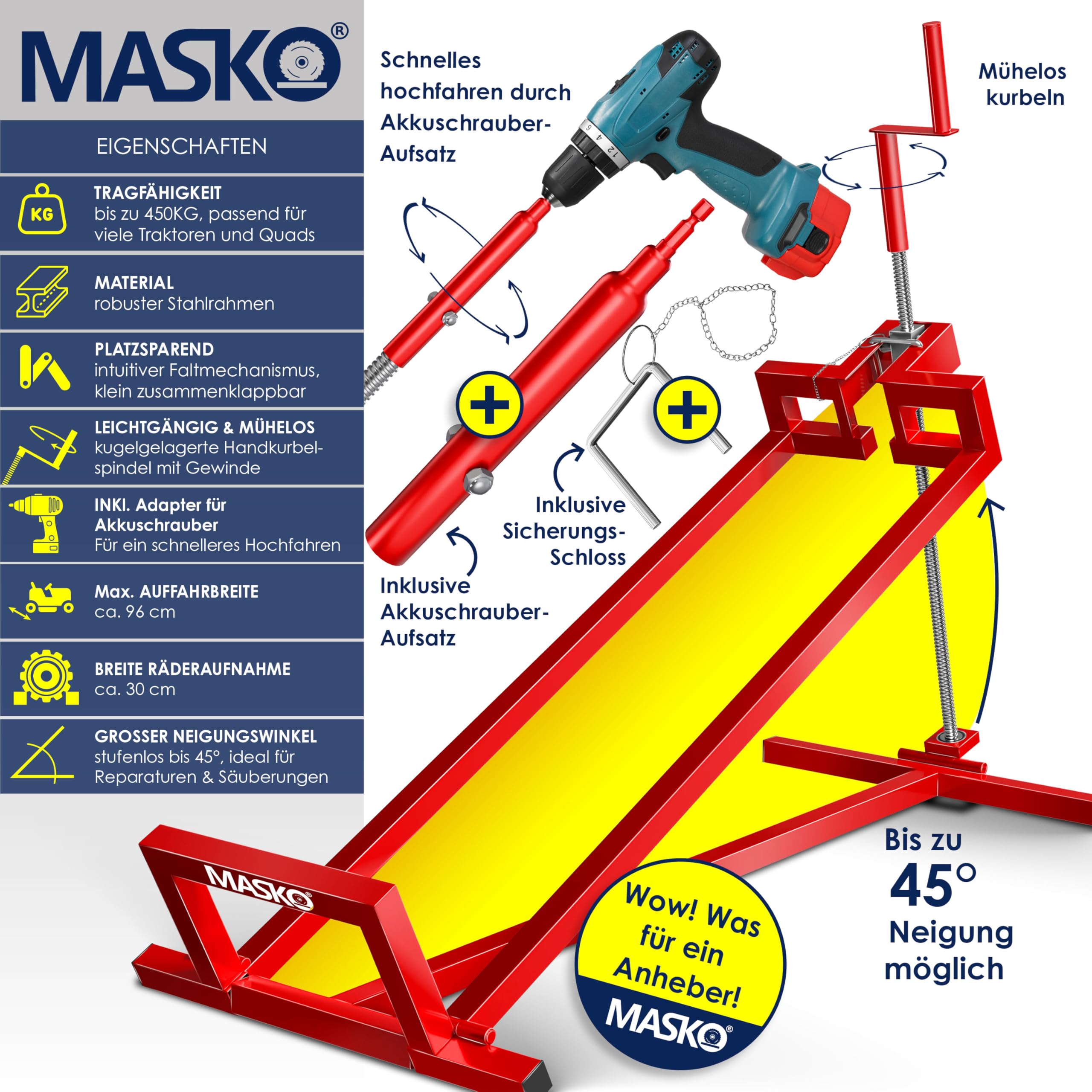 MASKO Elevador de tractor de césped XXL, 450 kg, dispositivo elevador, plataforma elevadora, herramienta de limpieza universal, elevación de tractor de césped, inclinación ajustable +45°, incluye