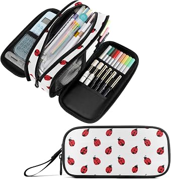 Fustylead Ladybug Nylon Pencil Bag Large Storage Pouch Pen Case Makeup Bag Simple Stationery Bag School College Office Organizer for Teens Boys Girls Student