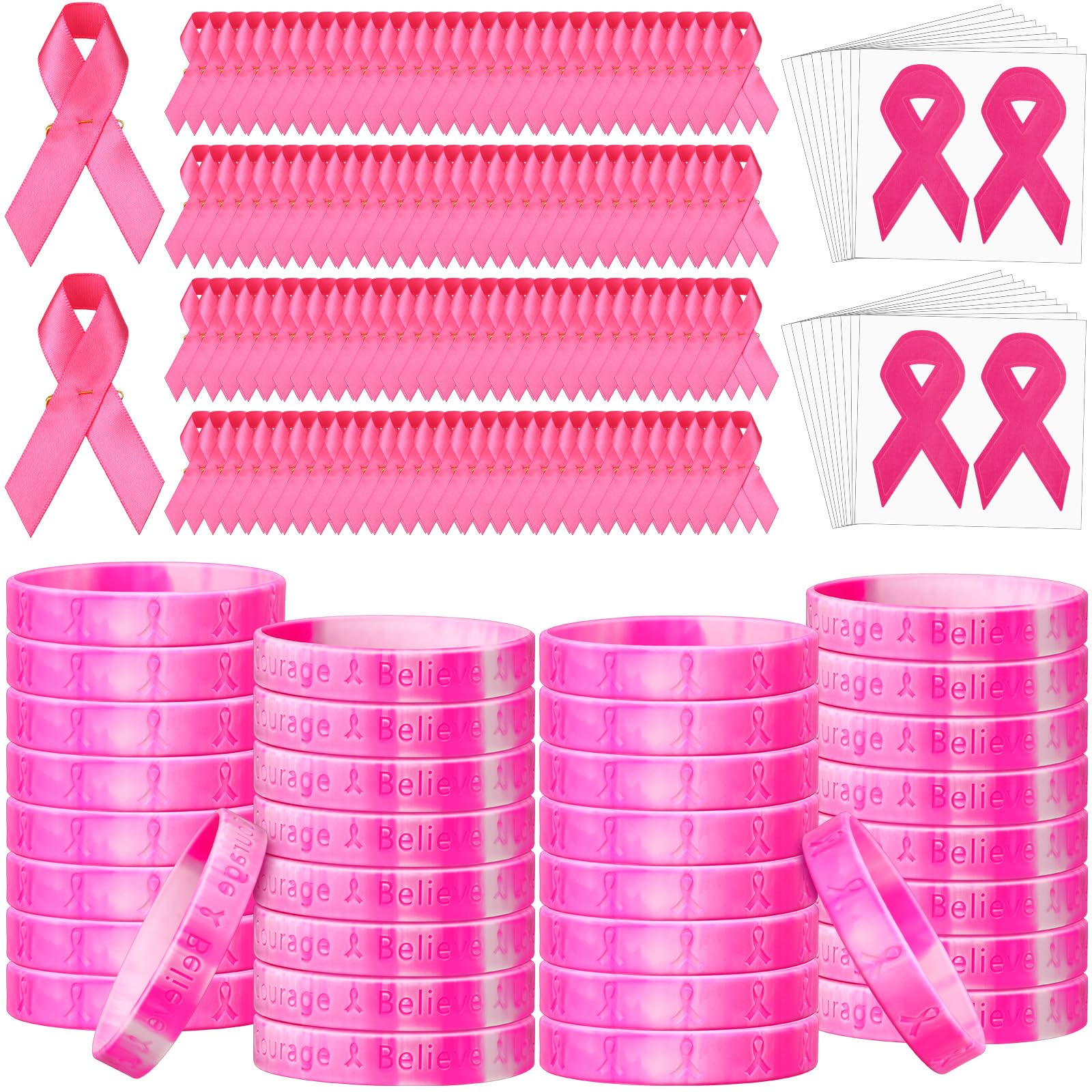 Lenwen 600 Pcs Breast Cancer Bracelets Pins Stickers Bulk Pink Ribbon Rubber Bracelet Silicone Wristbands Breast Cancer Awareness Accessories for Women Girls Charity Gifts Party Supplies Favors
