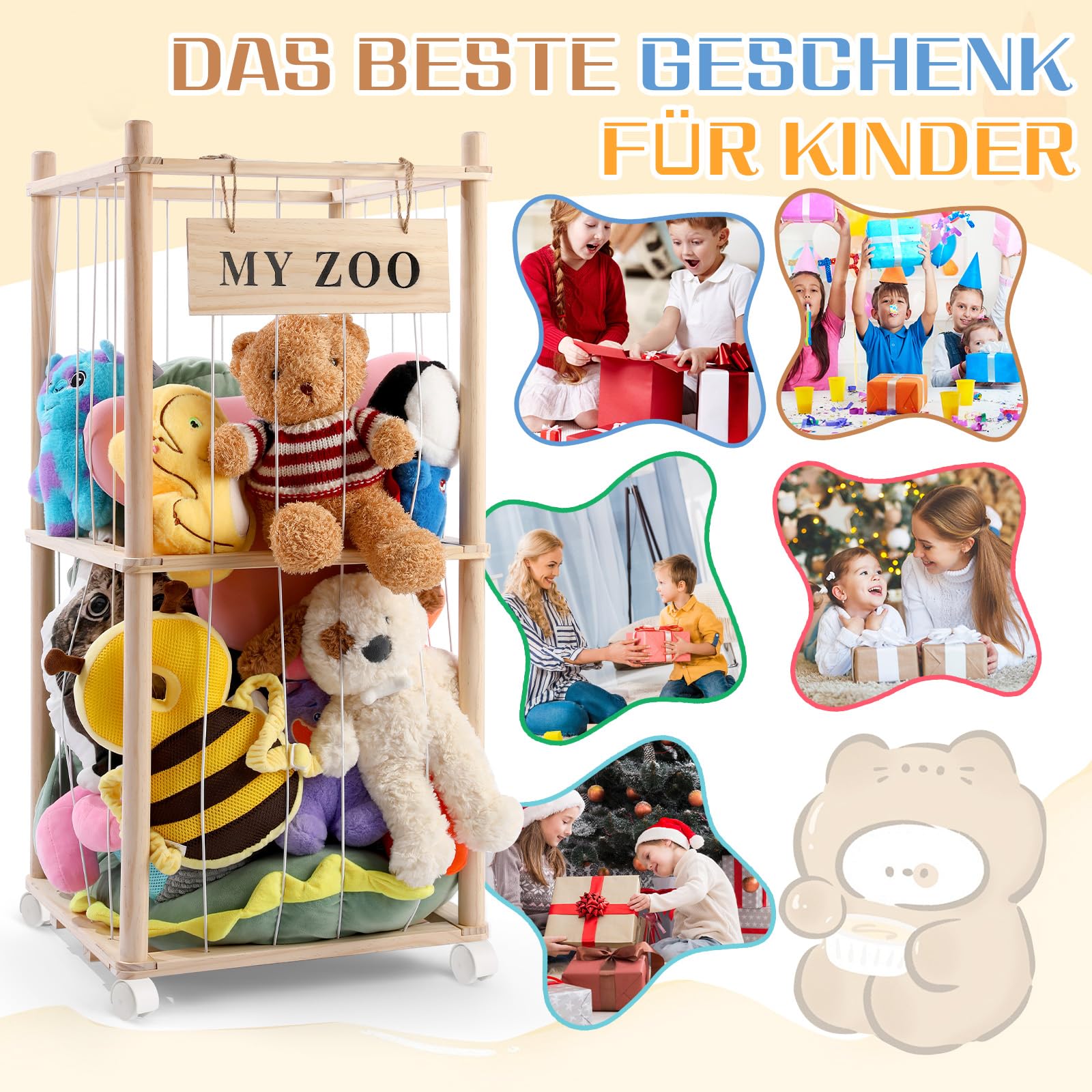 Massivholz Kuscheltier Aufbewahrung mit 360° Rollen & Bremse – inkl. Baumwollnetz, Plüschtier Organizer für Kinderzimmer, Spielzimmer & Wohnzimmer(Burlywood, klein)