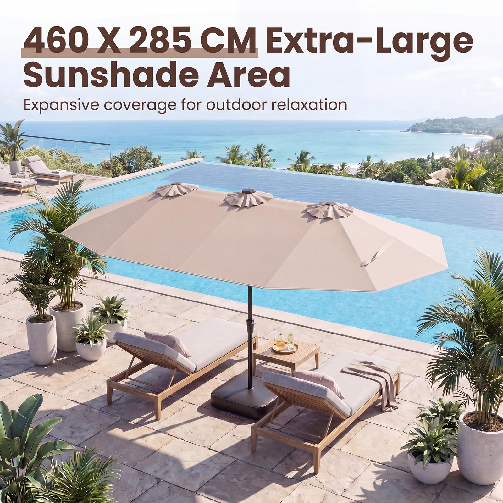 GOPLUS Parasol de Jardin Exterieur avec Pied, 4,7x2,8M Grand Parasol Double Face avec LED Solaires, Manivelle, 12 Baleines, Protection Solaire, pour Terrasse Patio Marché, Beige