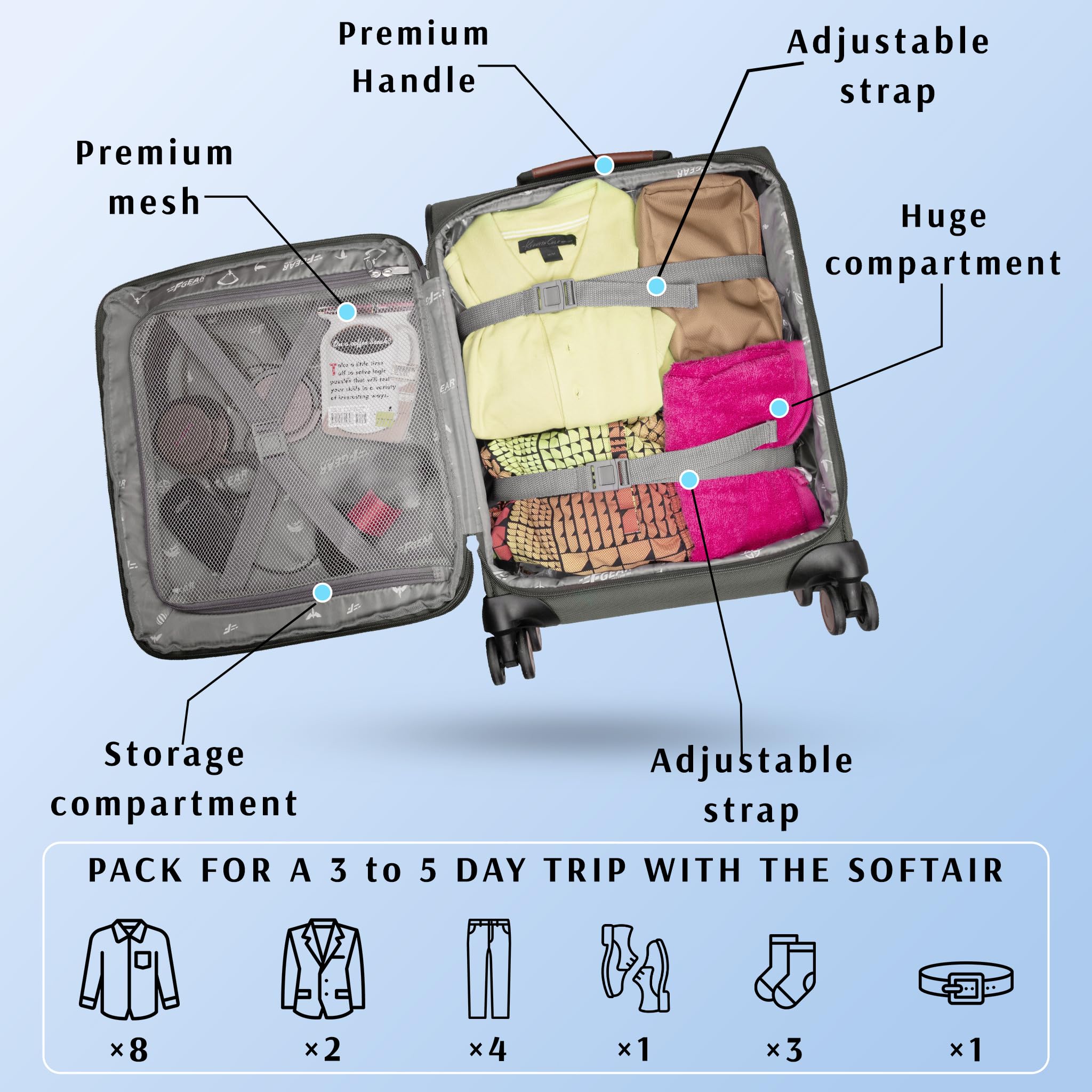 F Gear Softair - Trolley da cabina piccolo, leggero, espandibile, con ruote girevoli a 360°, sistema silenzioso a 8 ruote, serratura TSA integrata, cerniera antifurto ed etichetta per bagagli