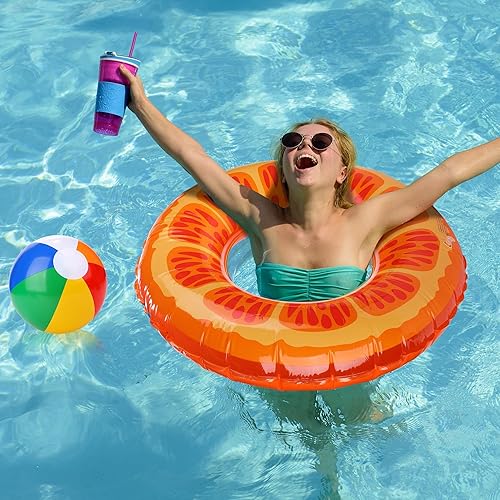 Miniatura 6 de Elcoho 9 piezas de recuerdos de fiesta en la piscina de playa, 4 flotadores inflables de piscina, anillos de tubos de natación de frutas de 29.5