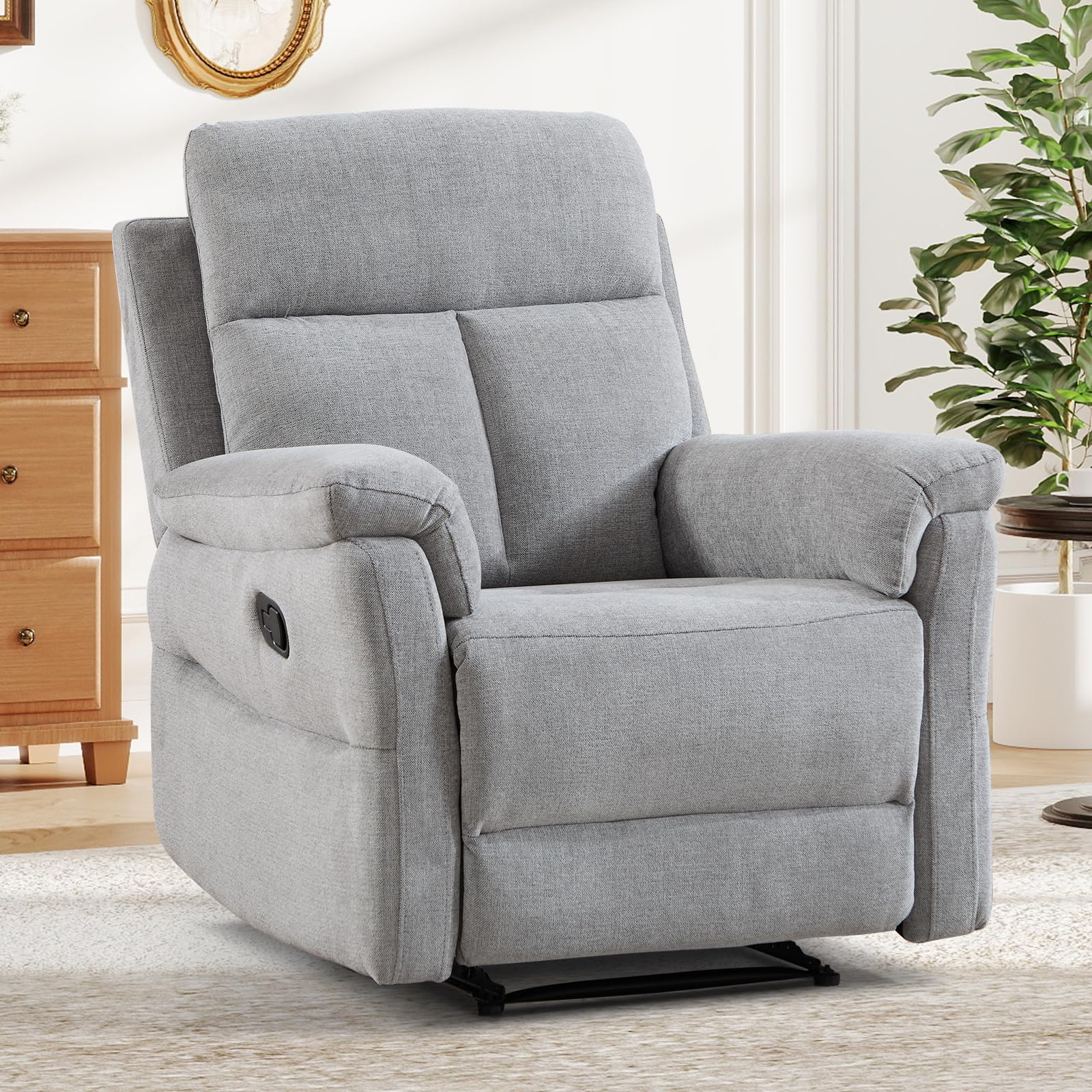 ANJ Manual Recliner Chair for Adults, Overstuffed Single Reclining Chair with Padded Armrests and Supportive Backrest, Fabric Recliner Sofa for Living Room, Bedroom, Silver