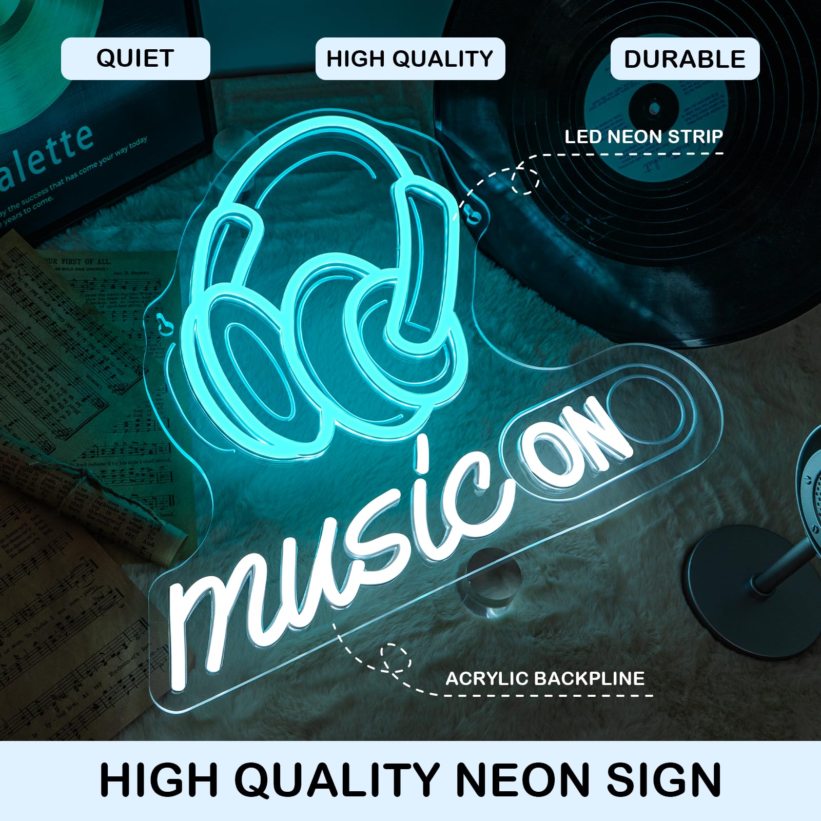 Horseneon Letrero de neón rítmico LED para decoración de pared para estudios de DJ, salas de música y configuraciones de jugadores, alimentado por USB con brillo ajustable, diseño de auriculares