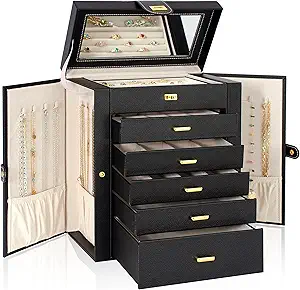 AKOZLIN Large Jewelry Box Organizer Functional Lockable with Big Mirror, Leather Jewelry Storage Case for Women Girls Ring Necklace Earring Bracelet Holder Organizer