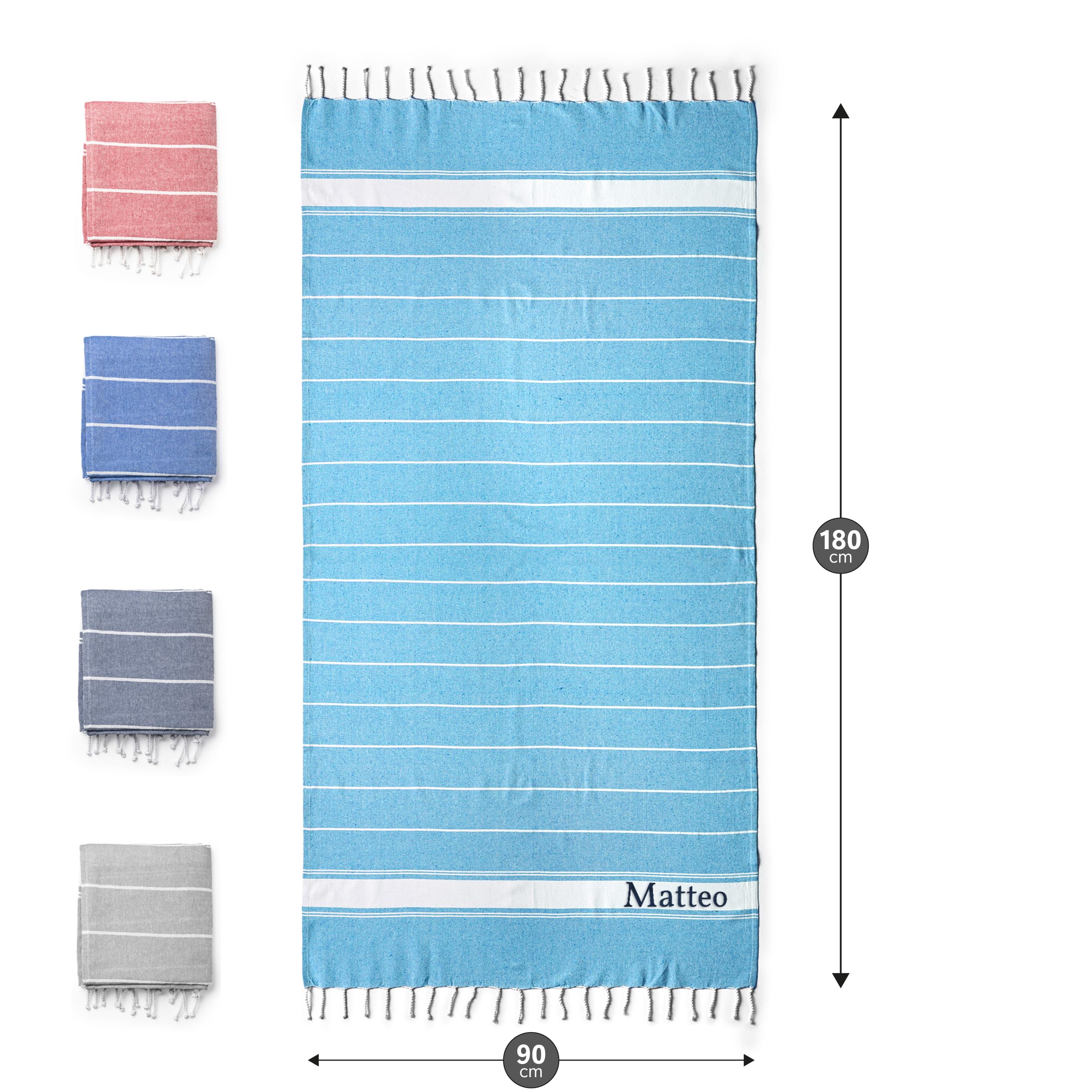 Telo Mare Personalizzato con Nome Testo Iniziali in Cotone Asciugamano Grande da Spiaggia Piscina a Righe 90x180cm Leggero Asciugatura Rapida Uomo/Donna Idea regalo (Azzurro)