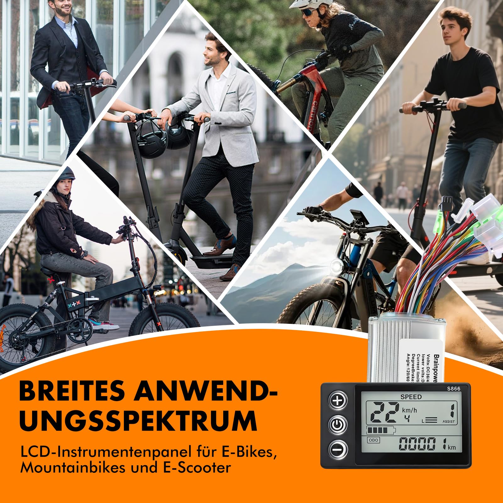 E-Bike Brushless Motor Controller Kit, 36V 48V 350W Bürstenloser Motor Controller mit wasserdichte S866 LCD Display, für Elektrofahrrad Elektroroller