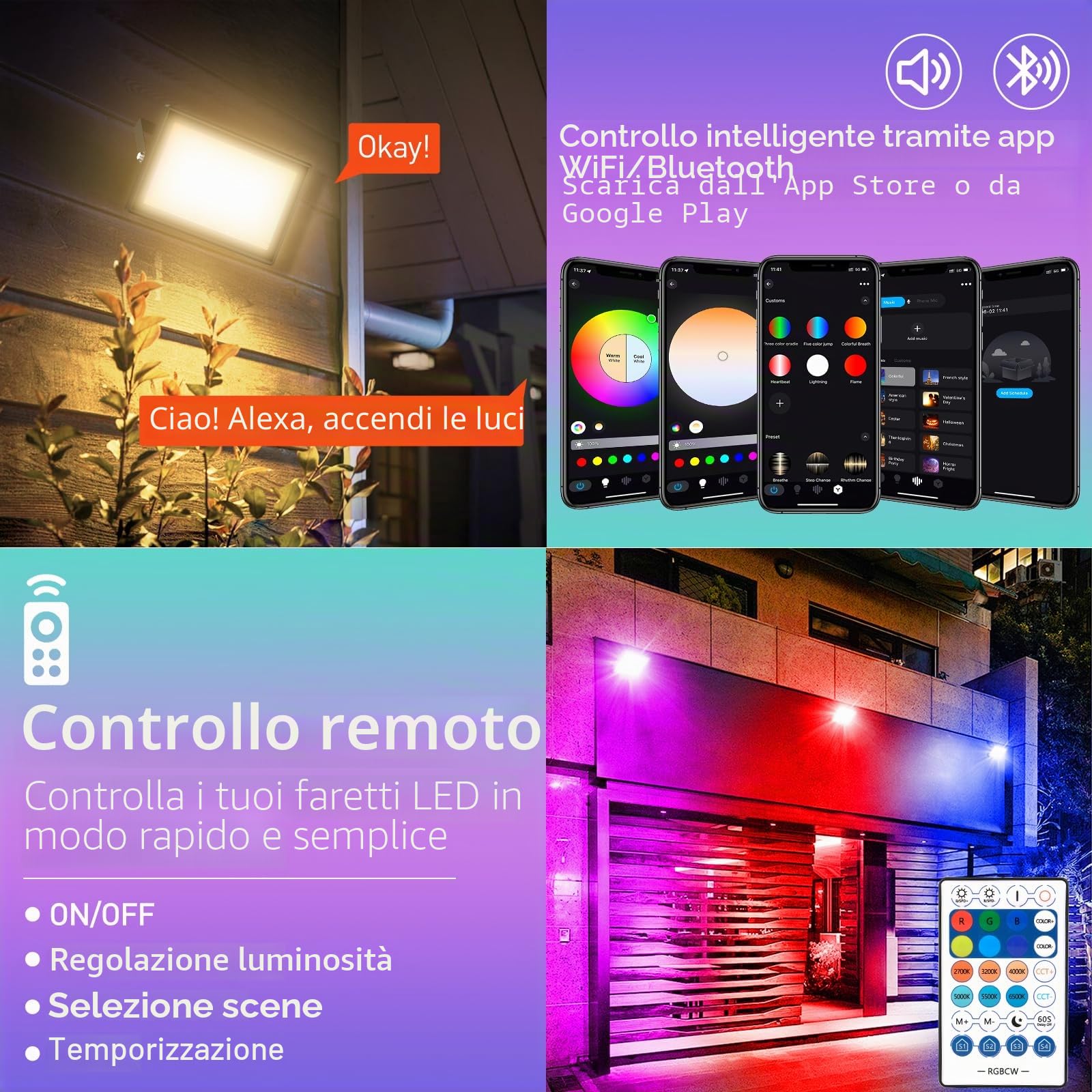 Faretto RGB LED WIFI, T-SUNUS 100W Proiettore RGB da Esterno WIFI con APP Bluetooth e Telecomando IP65 Impermeabile Faretti Colorati Per Vacanze Feste Halloween Natale
