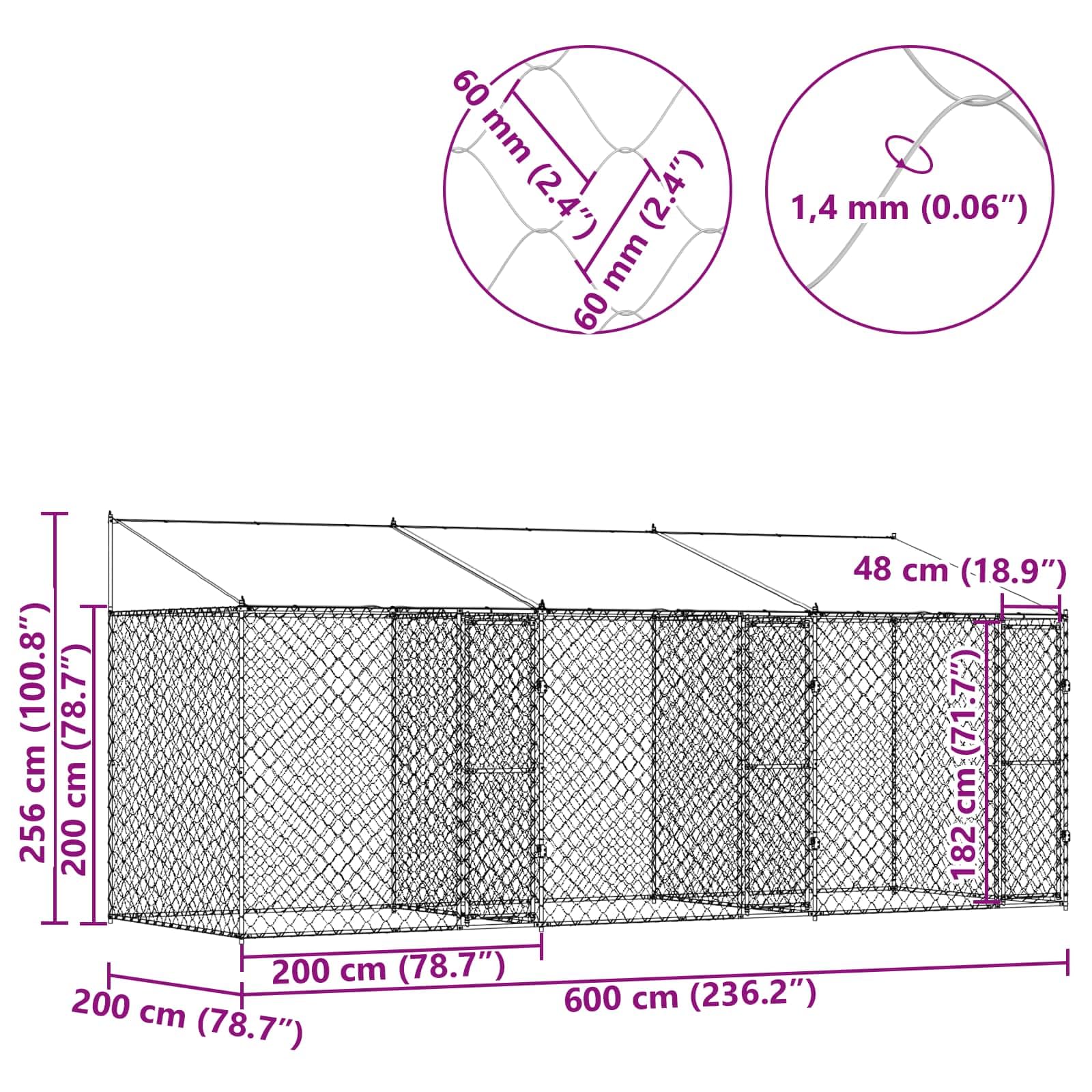 Klatka dla psa z dachem, srebrna, ze stali i polietylenu, 600 x 200 x 256 cm, odporna na warunki atmosferyczne, wybieg dla psa z zamykanymi drzwiami, przestronna hodowla dla psów do ogrodu