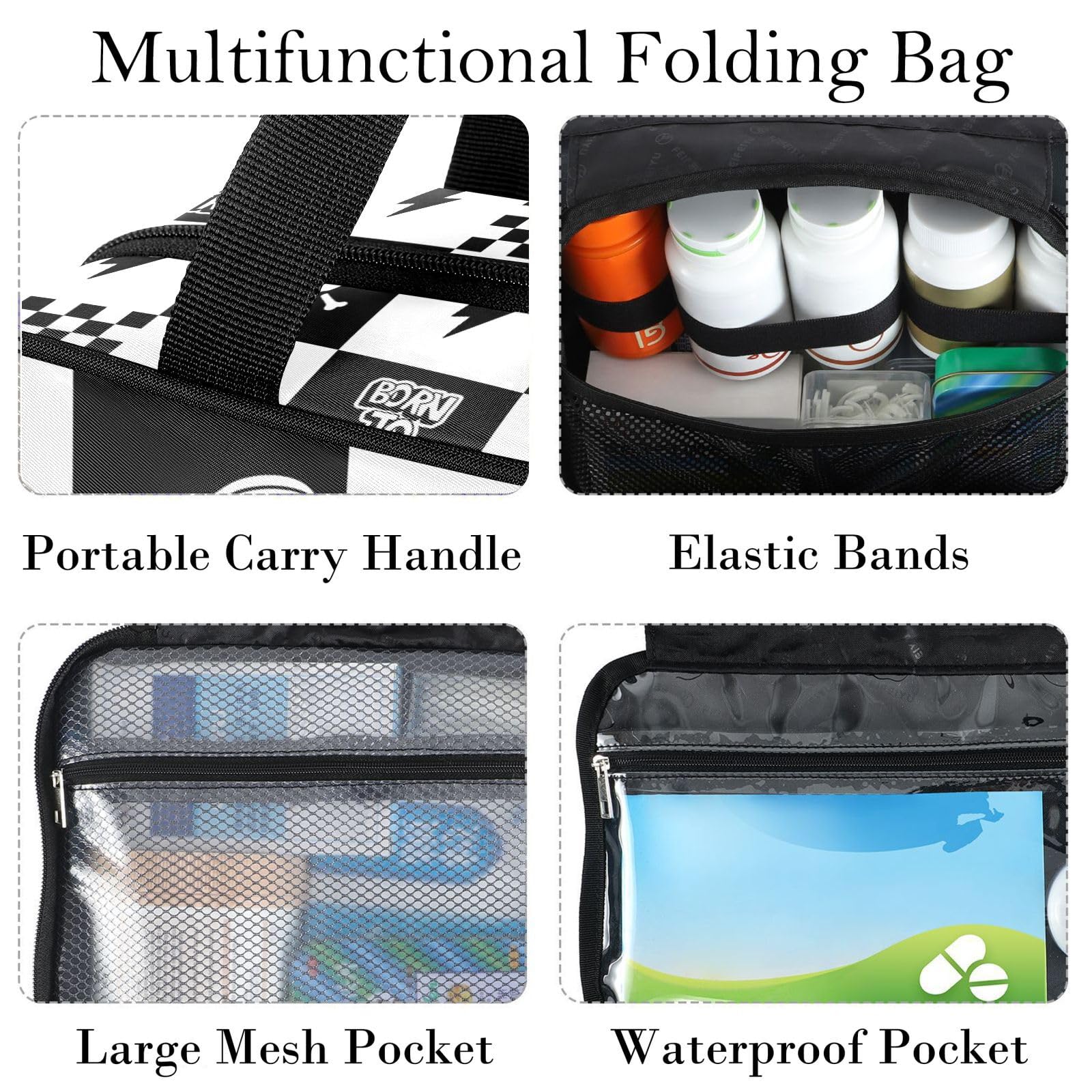 YNNALE Travel Toiletry Bag for Woman/Men,Black and White Checkered Skateboard Quoted Skull Lightning Hanging Organizer BagPortable Folding Travel Case Bags for Makeup Cosmetic Toiletries Storag-L