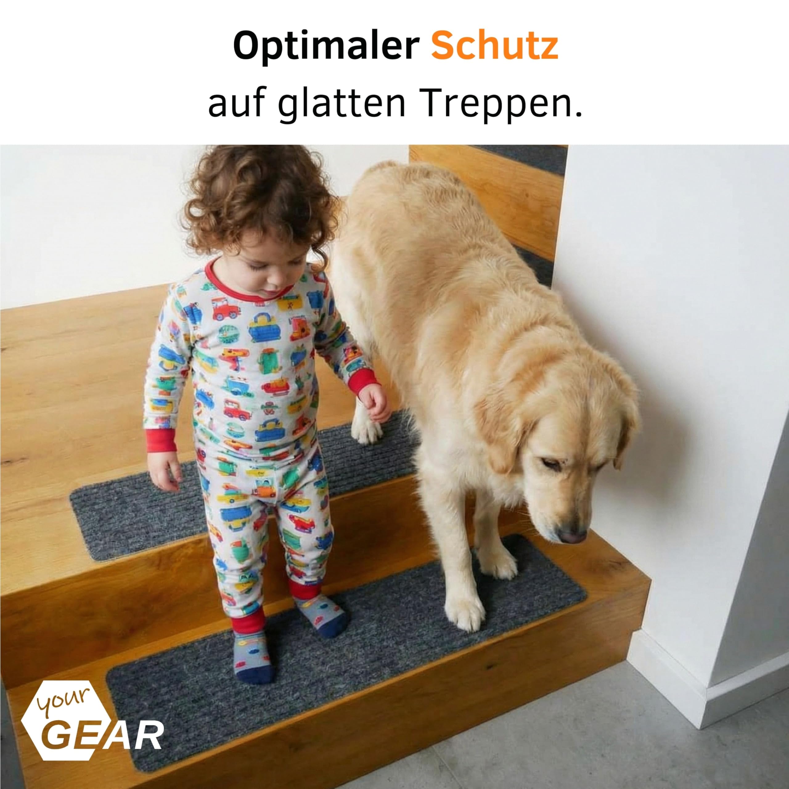 your GEAR Stufenmatten selbsthaftend 76x20 cm – 15 Stück Hellgrau – rutschfeste Treppenstufen Matten waschbar – Antirutsch Treppenteppich zuschneidbar – Treppenschutz innen modern