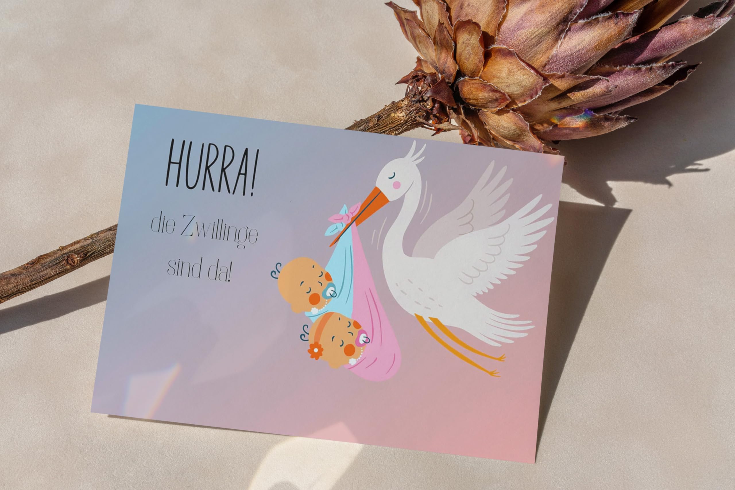 Glückwunschkarte Zur Geburt Von Zwillingsmädchen – Süßes Design Mit Storch, Inkl. Umschlag, DIN A6