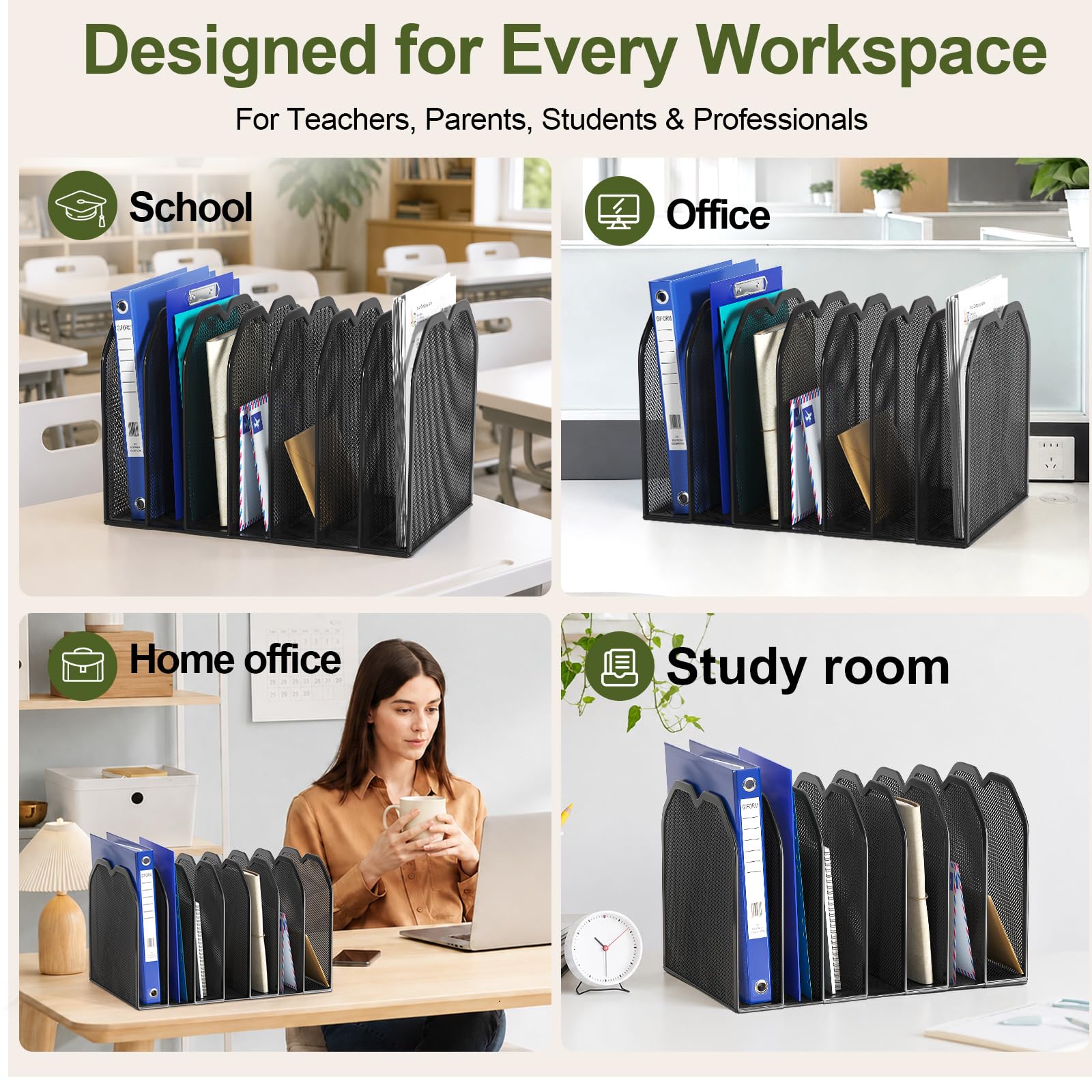 FANXIYQ Organizer per cartelle di file a 7 sezioni nero per scrivania - Porta file verticale in metallo, organizer per file desktop Supporto verticale, rack per cartelle lettere/A4, organizer per