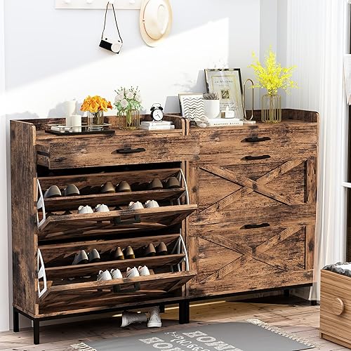 Miniatura 3 de Hooseng Zapatero con 2 cajones abatibles, organizador de zapatos independiente, zapatero estrecho con estante ajustable adecuado para entrada,