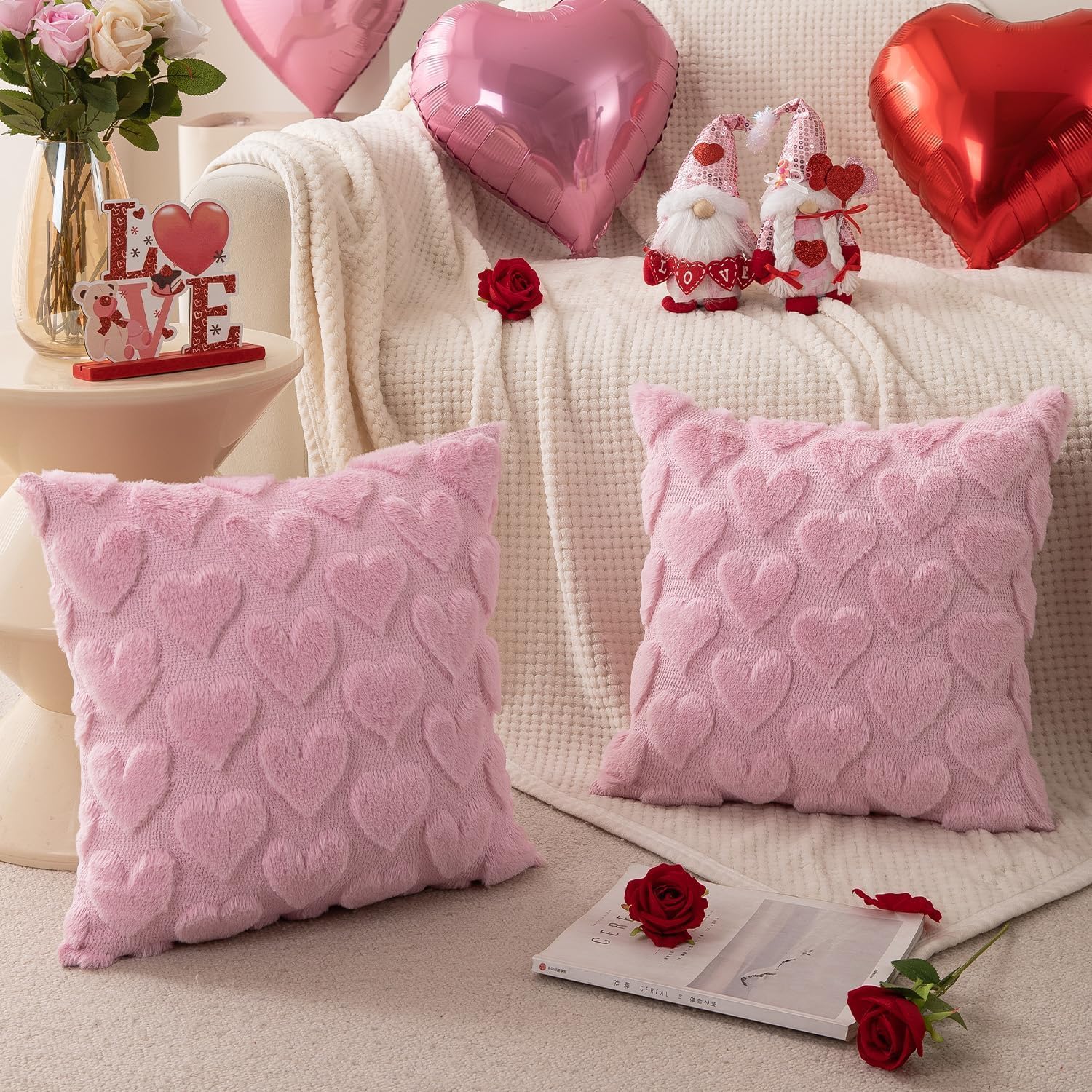 Valentines Day Pillow Covers 18x18 Inch, Pink Heart Love Pillows Cover Valentine Decorations for the Home, Faux Fur Plush Throw Pillows Cover for Couch, Gift for Girlfriend Lover Mother, Set of 2