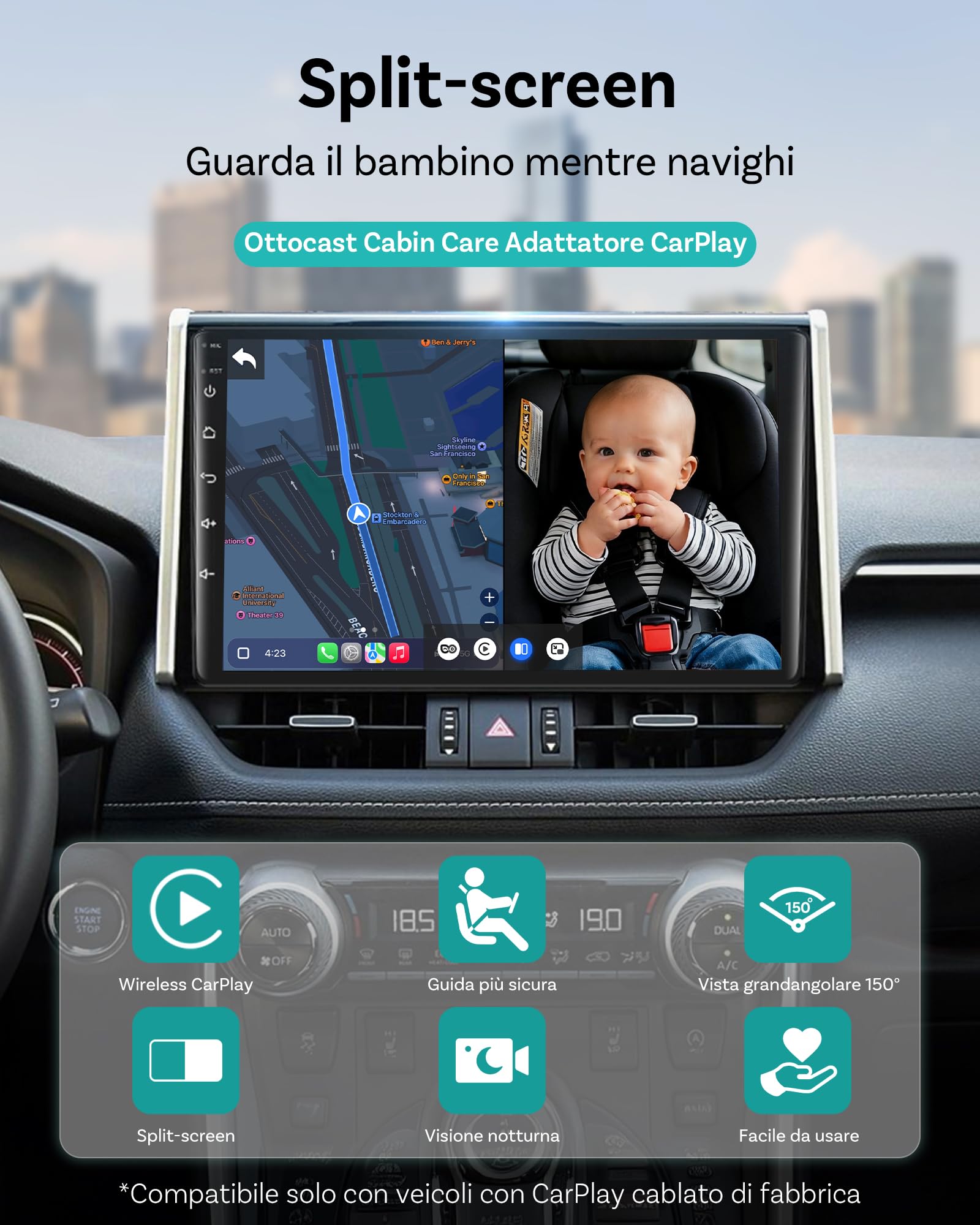 Ottocast Cabin Care CarPlay Adapter 2026, Ottocast Mini Telecamera Sedile Posteriore 1080P, USB-A Plug & Play, Solo per CarPlay cablato di fabbrica
