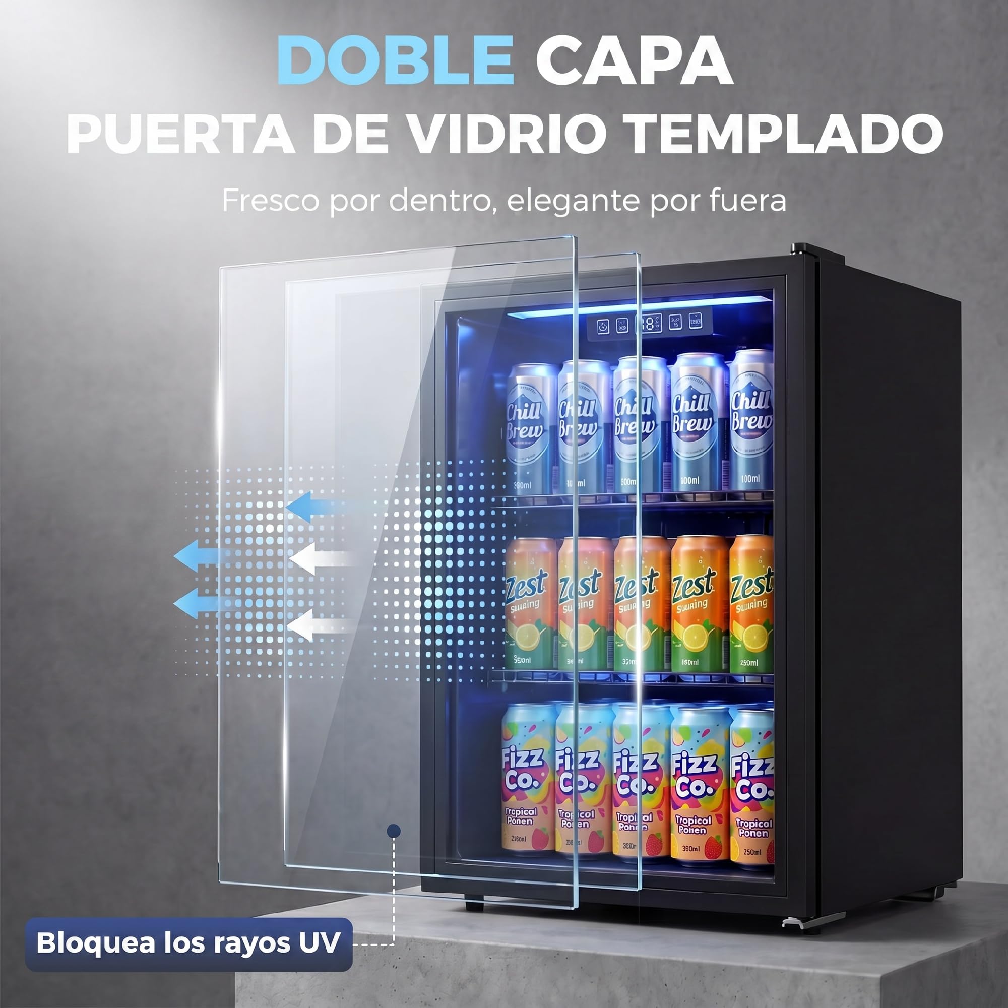 HOMCOM Frigorífico de Bebidas 70 L, Mini Nevera con Puerta de Vidrio Doble, Iluminación LED, 2 Estantes Ajustables, 2-18℃, para 70 Latas, Nevera Pequeña para Refrescos, Cerveza y Vino