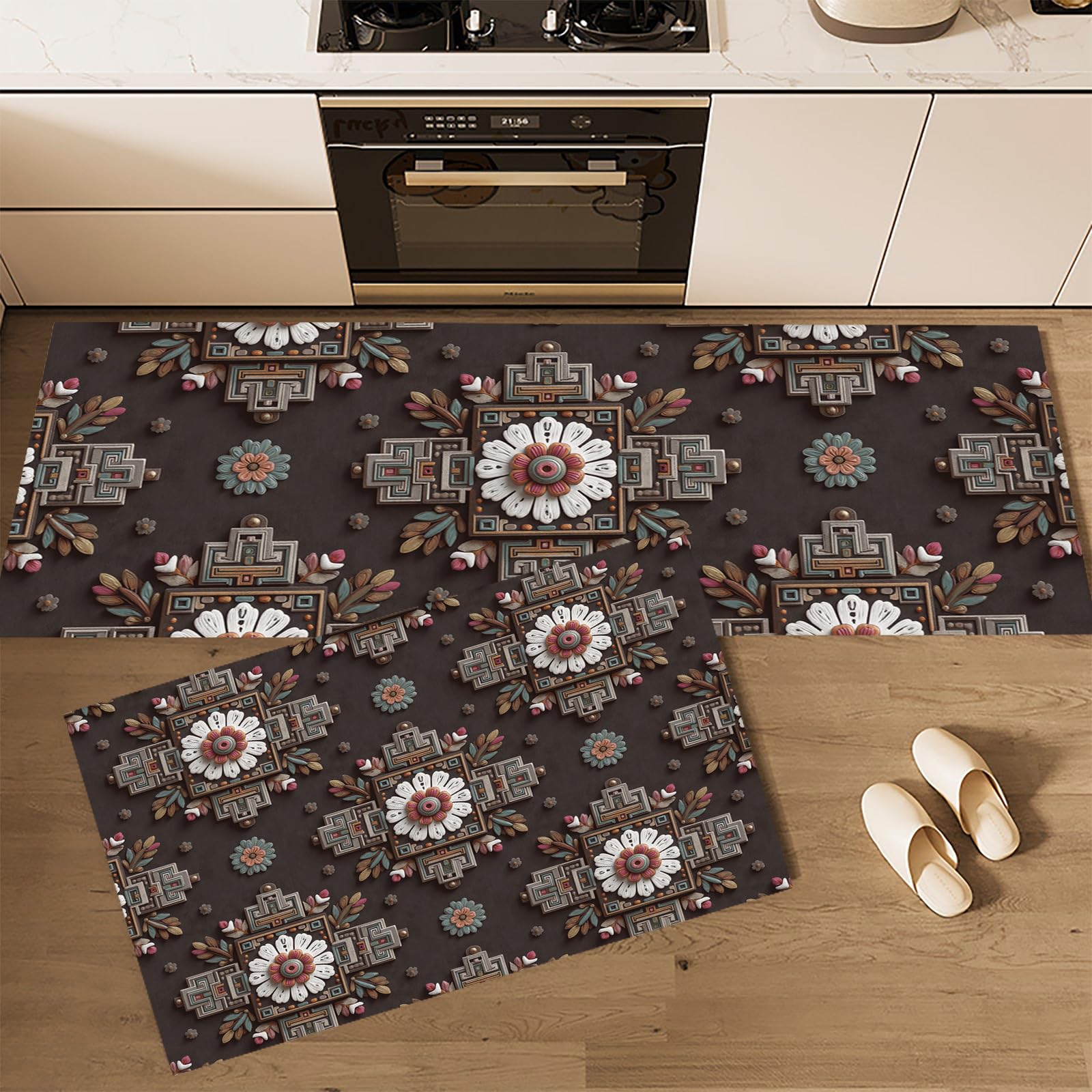 Alfombras de cocina antideslizantes marrón oscuro lavables, tapetes geométricos de 44x120 cm