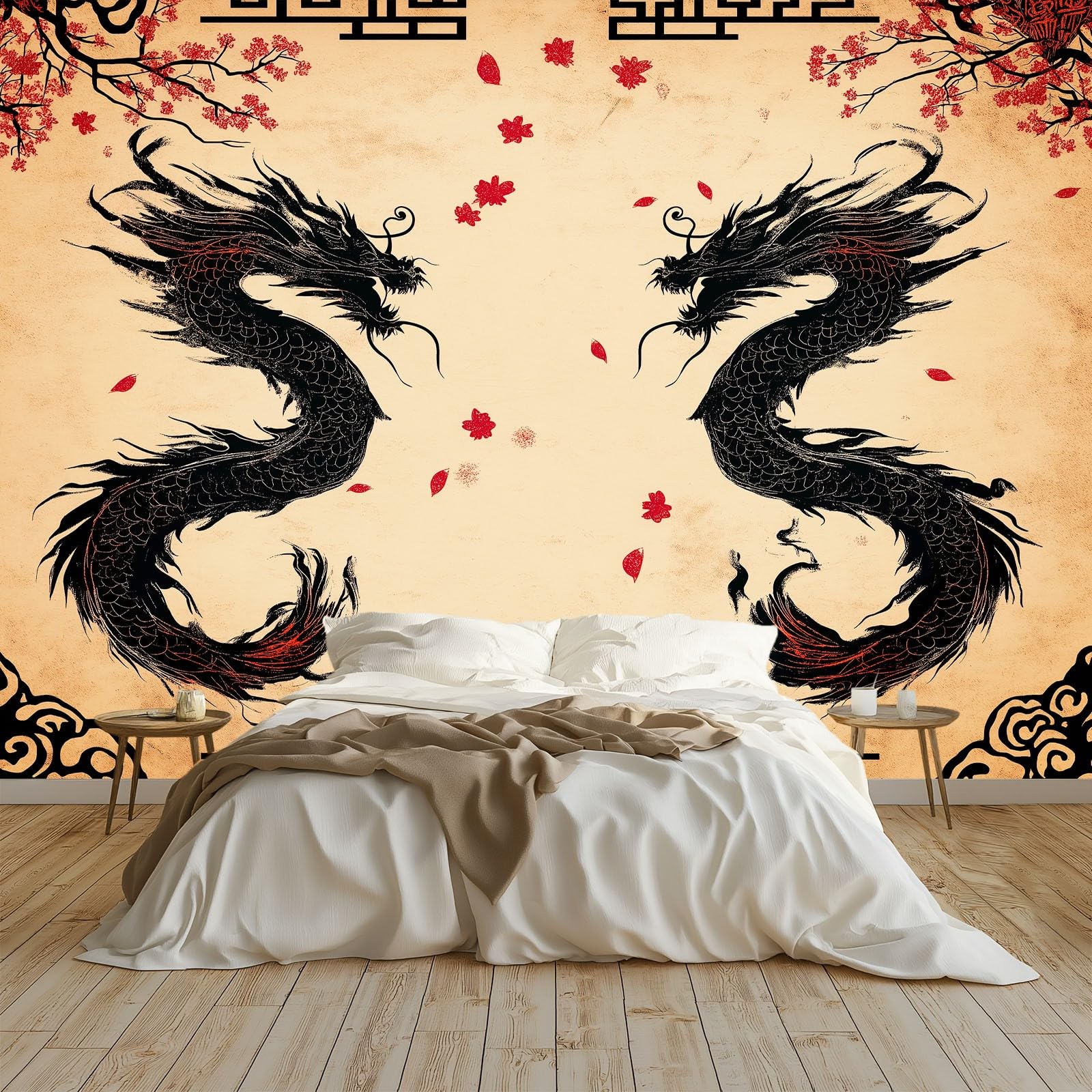 Générique 400 x 280 cm panoramiczna tapeta chiński styl smok kwiaty wiśni 3D projekt ścienny, dekoracja ścienna do zdjęć, tapety z włókniny dekoracja ścienna salon sypialnia, beżowy