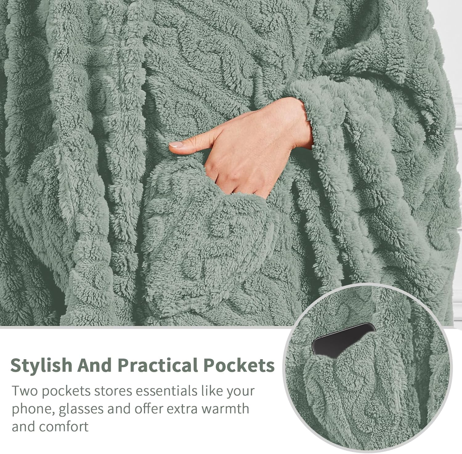 Wearable Blanket Sherpa Fleece Shawl Blanket with Pockets Blanket Poncho Cape for Adults, Cozy Shawl TV Throw Blankets - Image 3