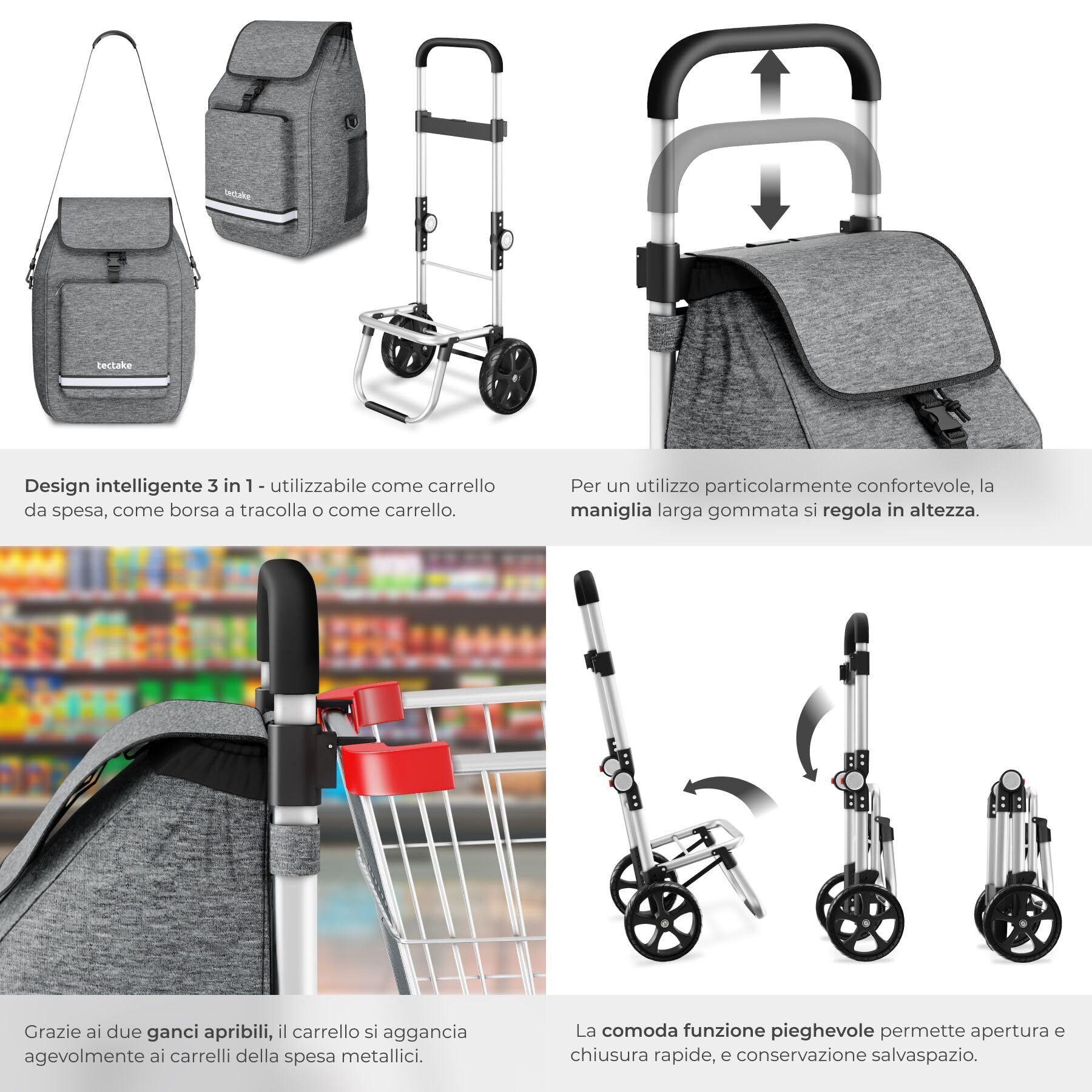 tectake® Carrello Spesa Shopper 3 in 1, Trolley Pieghevole con Borsa Termica per Surgelati, Carrello con Ruote Portatutto, Carrellino Spesa Con Ruote Scorrevoli, Capacità max 30 kg / 56 L - Grigio