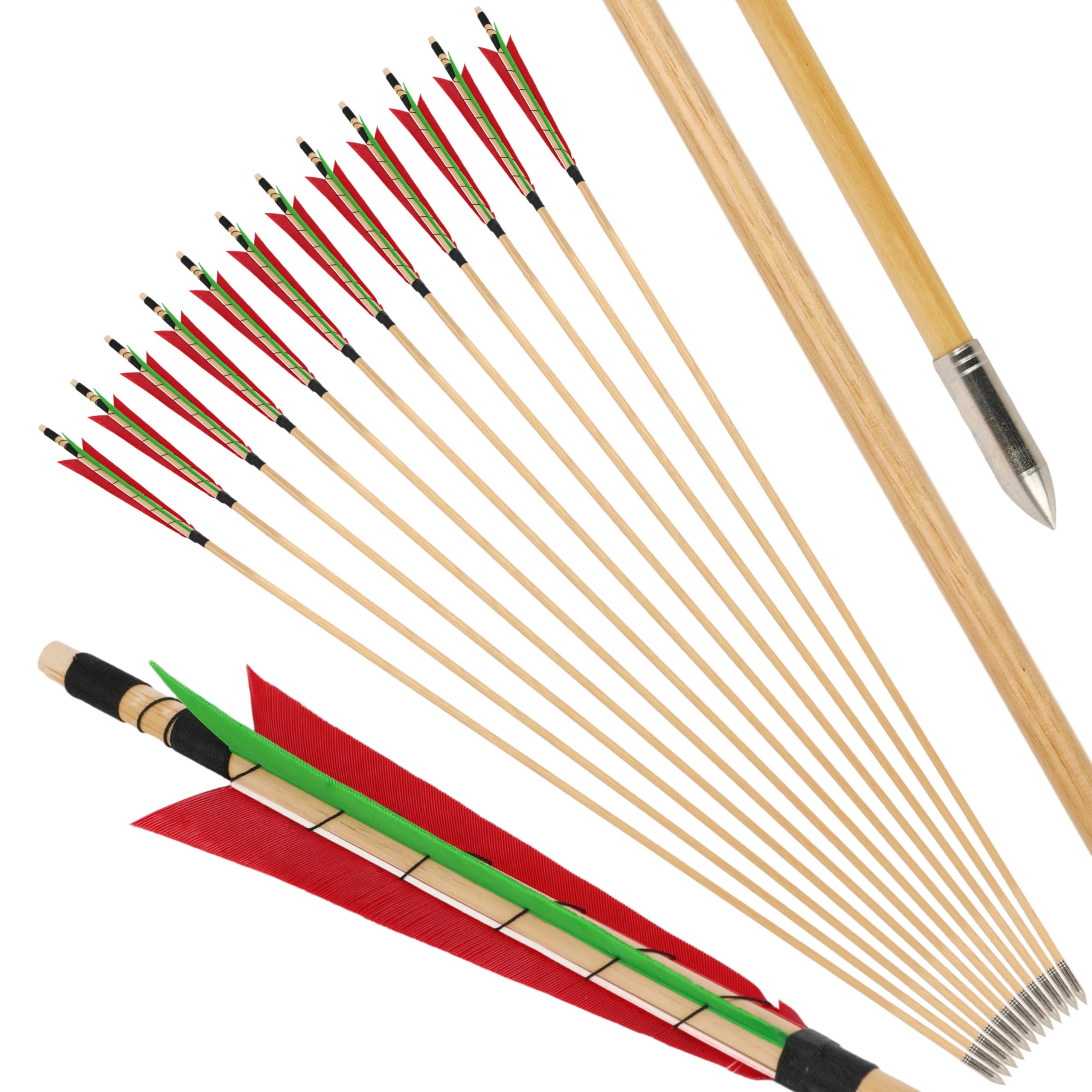 surwolf 31" Archery Wooden arrows Traditional Handmade with 6" Turkey feather Sleeve points OD8.5mm Wooden shaft Hunting Practice Targeting for Long/Recurvebow Horsebow 12pcs (redgreen, 12pcs) โ image 1