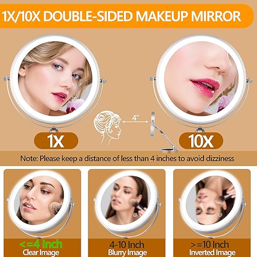 Miniatura 4 de FOCHIER F Espejo de maquillaje iluminado de altura ajustable 1X10X con aumento LED, espejo cosmético de tocador de 8 pulgadas, recargable, doble