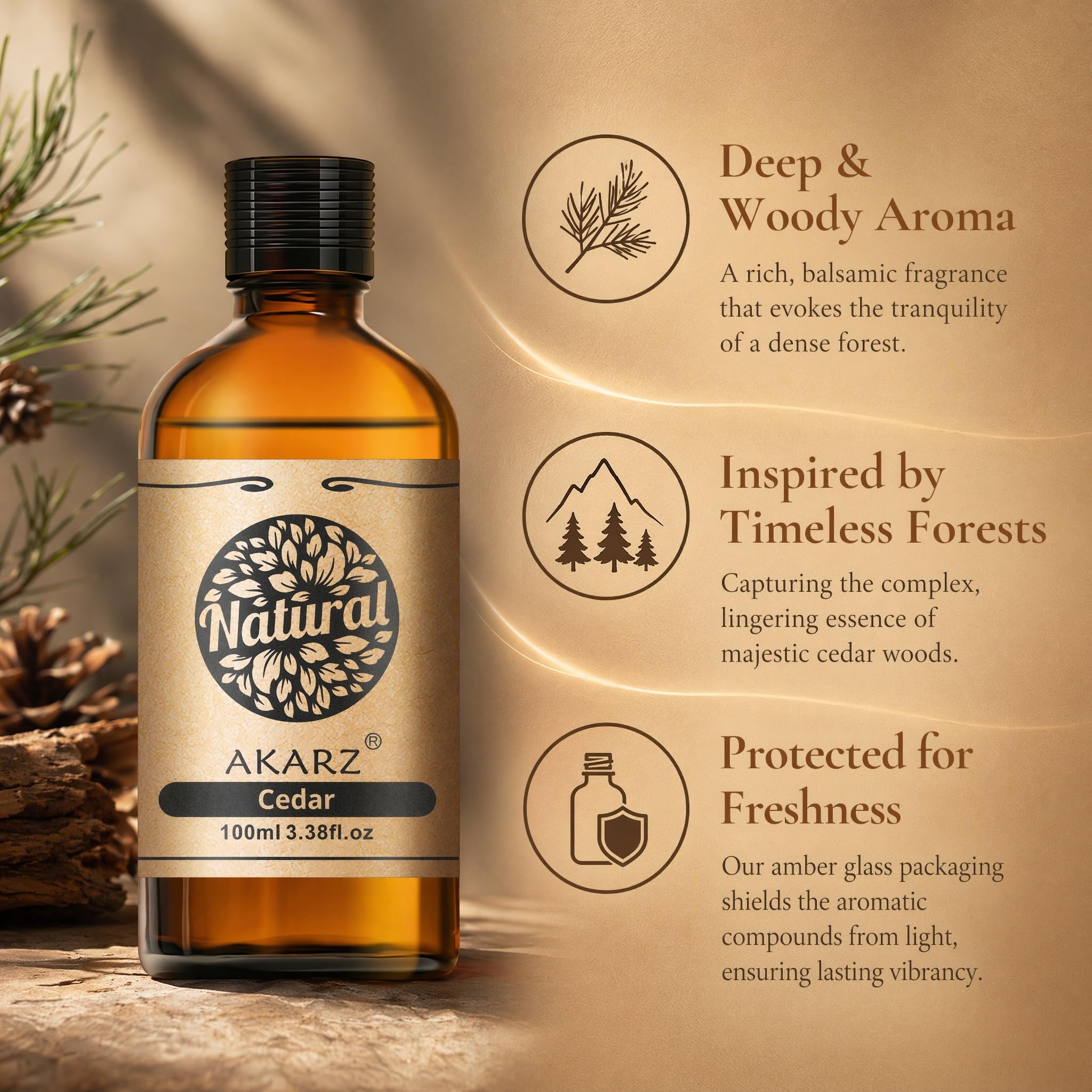 AKARZ 100ml Olejek esencjny z Cedru - Naturalny olejek aromatyczny do dyfuzorów, lamp aromatycznych i aromatów pomieszczeń