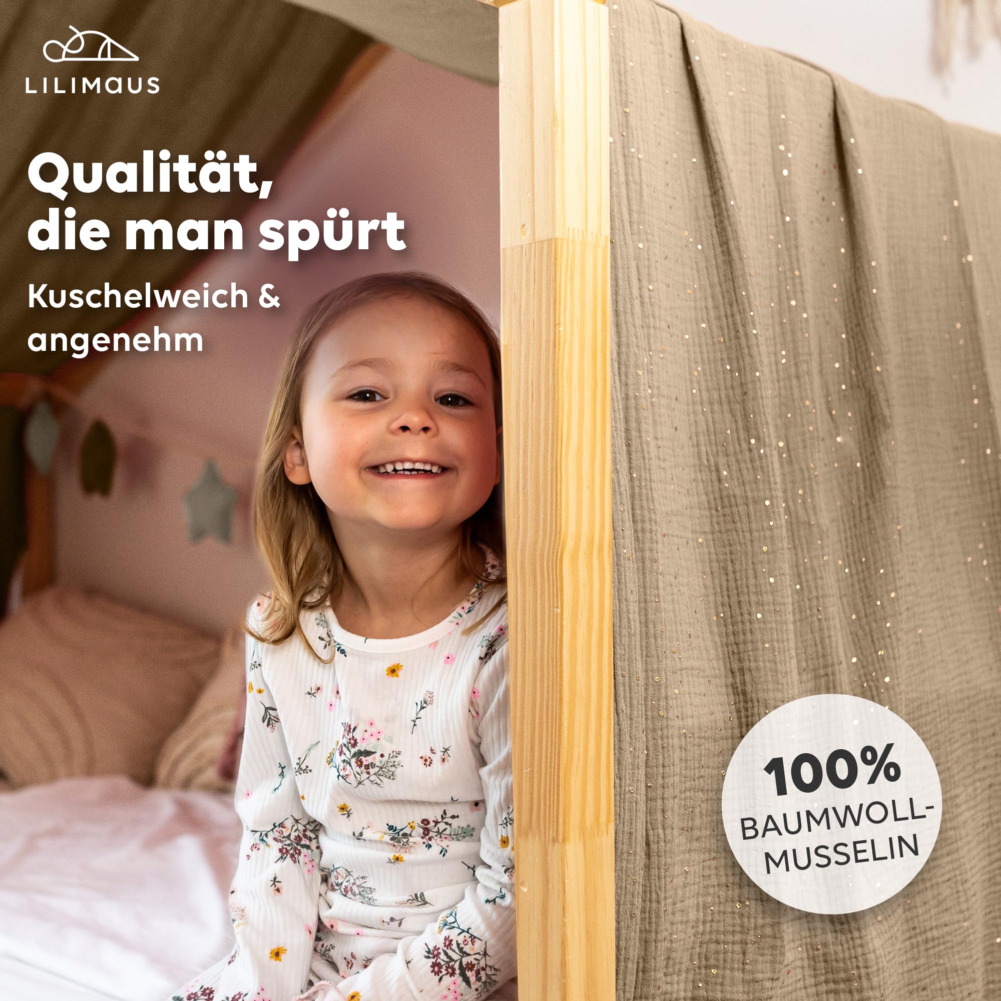 lilimaus Hausbett Himmel mit Gold Applikation [in 12 Farben] Betthimmel Hausbett aus 100% Baumwolle Musselin - Stoffhimmel für Hausbett Deko Mädchen & Jungen - Himmel für Hausbett Kinderbett Vorhang
