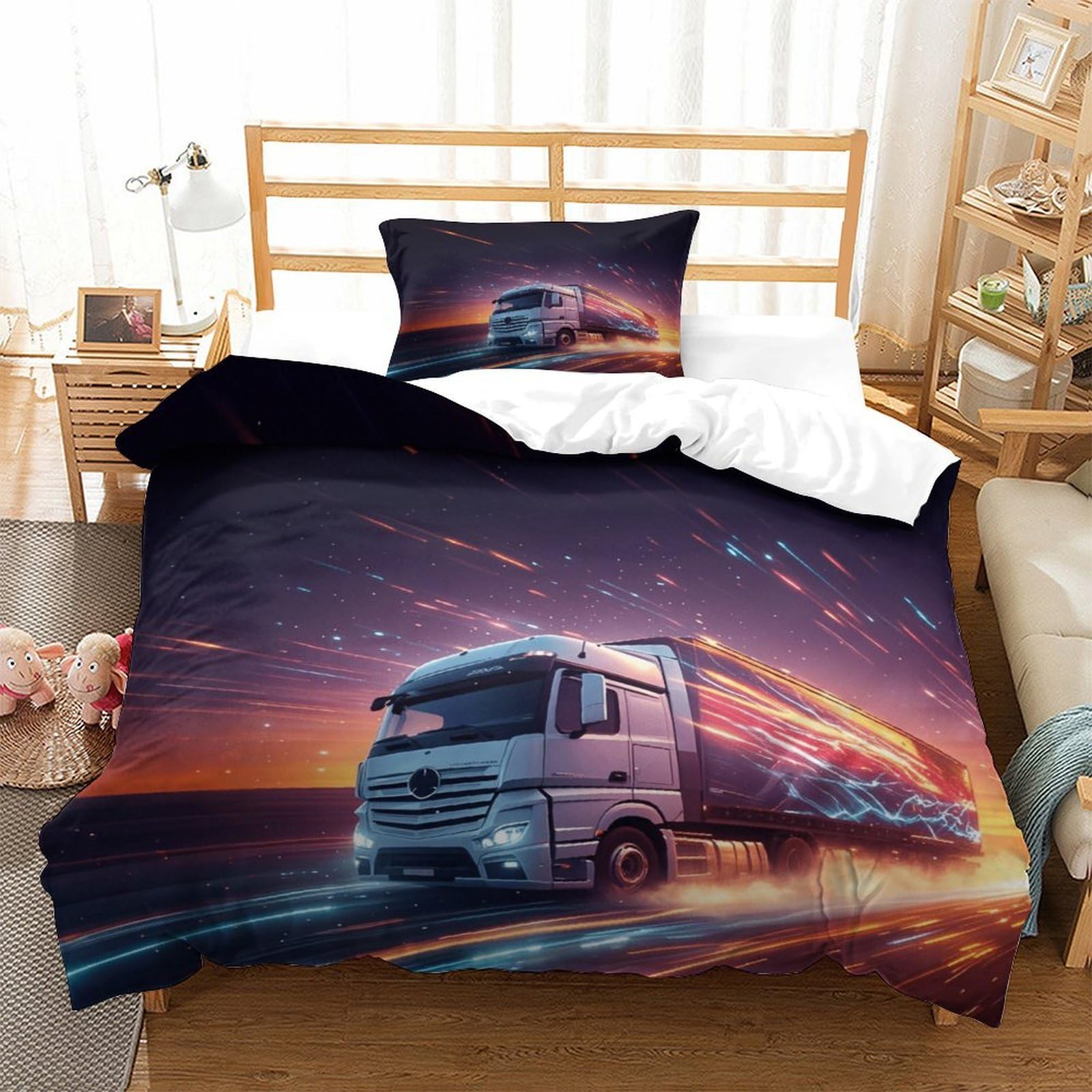 LILIlaobiao Washable Fast Moving Truck Duvet Cover Set Single（135x200cm）, Lorry Quilt Cover Set with Pillowcases, Soft Microfiber Bedding Set for Kids & Adults