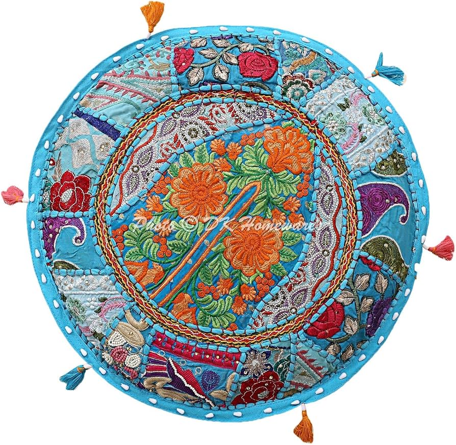 Housse De Pouf Traditionnel Indien DK Homewares – Bleu Foncé, Broderie Miroir, Coton Patch, 40x40x33 Cm