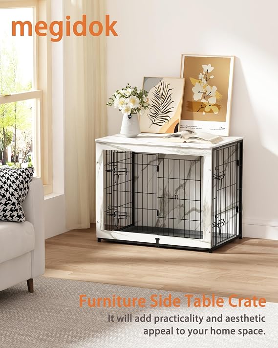 Megidok Wooden Dog Crate Furniture with Cushion,Medium Dog Crate End Table with Tray, Double Doors Kennels Indoor (32 L*22 W*26 H, Marble White)