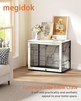 Megidok Wooden Dog Crate Furniture with Cushion,Medium Dog Crate End Table with Tray, Double Doors Kennels Indoor (32 L*22 W*26 H, Marble White)