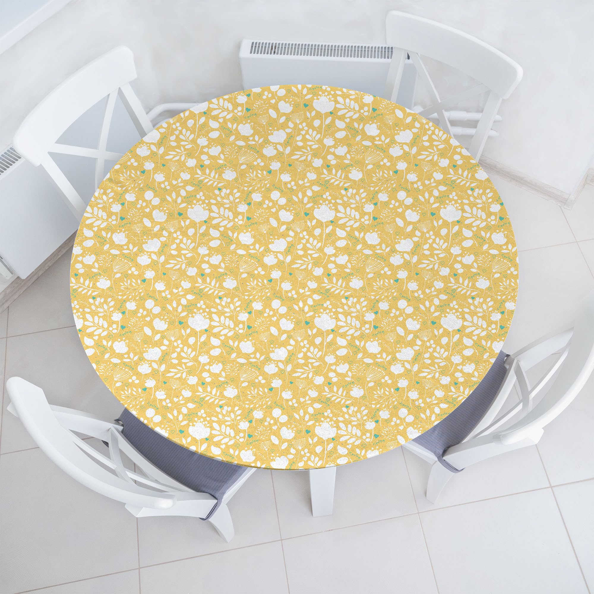 AmbesonneBotanical Fitted Round Tablecloth, Hibiscus Violet Blossoms Meadow Exotic Spring Revival Style Flourishes, All Around Elastic Fabric Table Cover, 36"- 40" Diameter, Pale Mustard White
