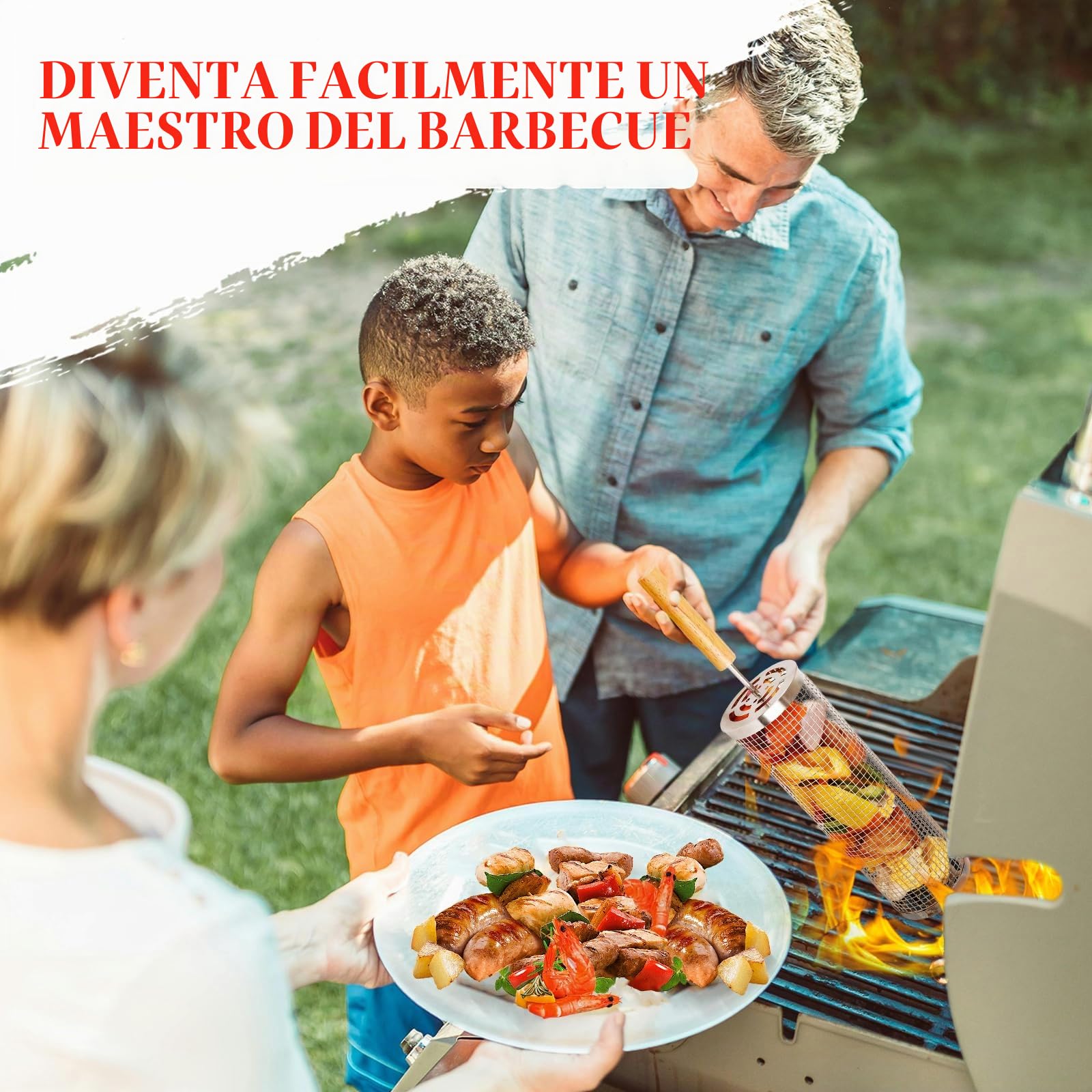 2 cestelli per griglia a rulli con manici in legno,Robusti accessori griglia in acciaio inox per grigliare verdure/gamberi/carne,Strumenti per grigliare da uomo per esterni,giardinaggio e campeggio