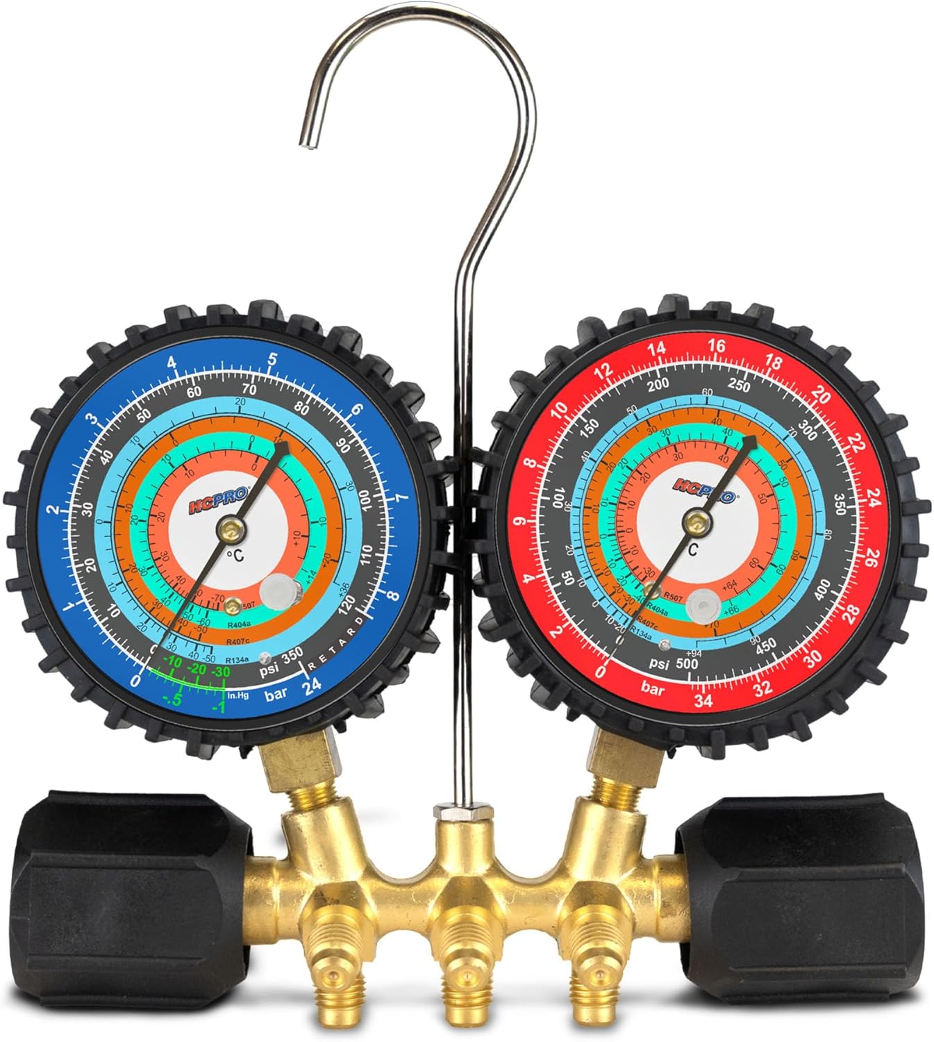 Manifold de Latón Tipo Pistón HCPRO HC2V5C5BK con Manómetros 80MM y Juego de Mangueras 5FT