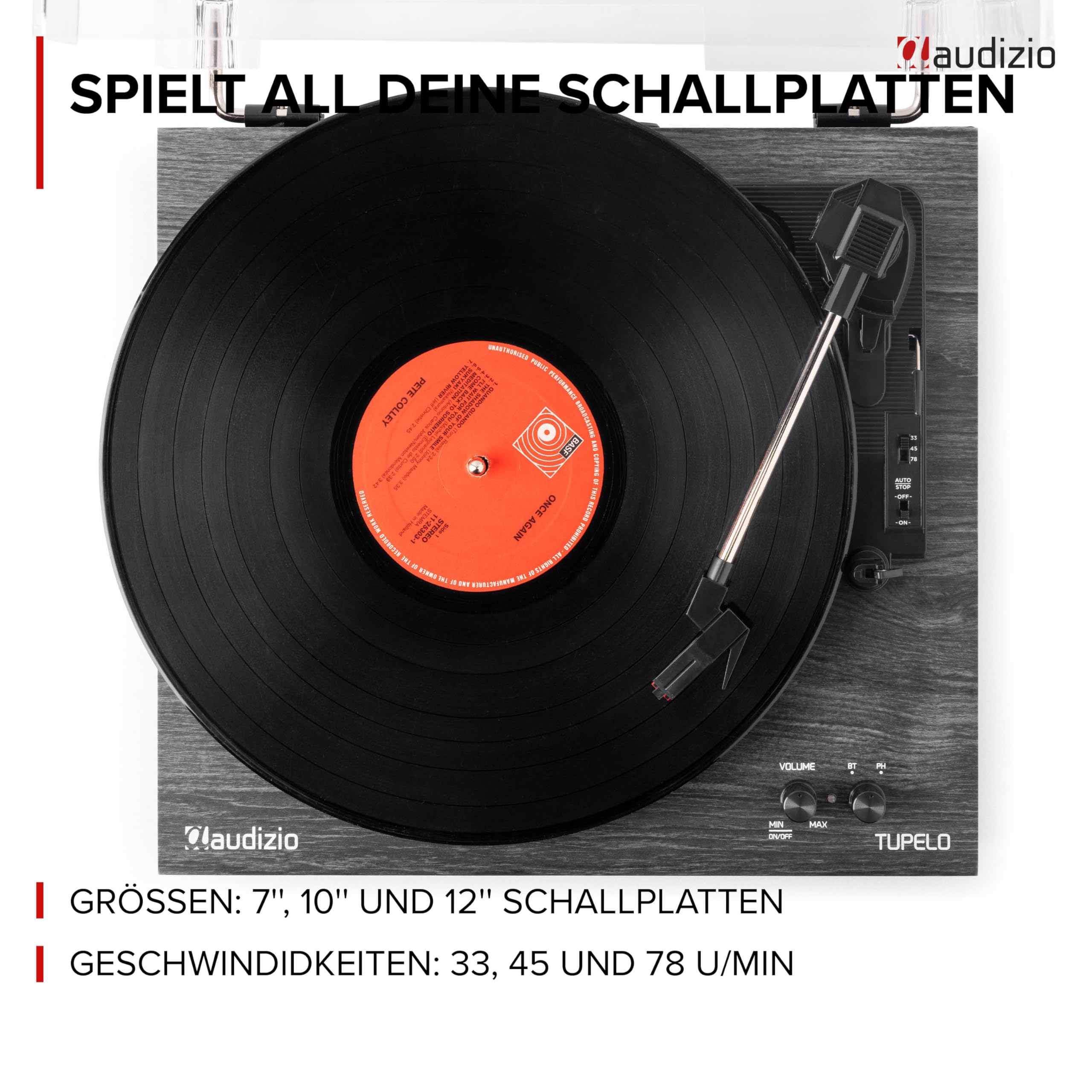 Audizio Tupelo - Plattenspieler mit Lautsprecher & Bluetooth, Schallplattenspieler Set mit Verstärker, 3 Gang (33/45/78 RPM) - 120 Watt Vinyl Player mit 2 Stereo Lautsprecher, Gramophon - Schwarz