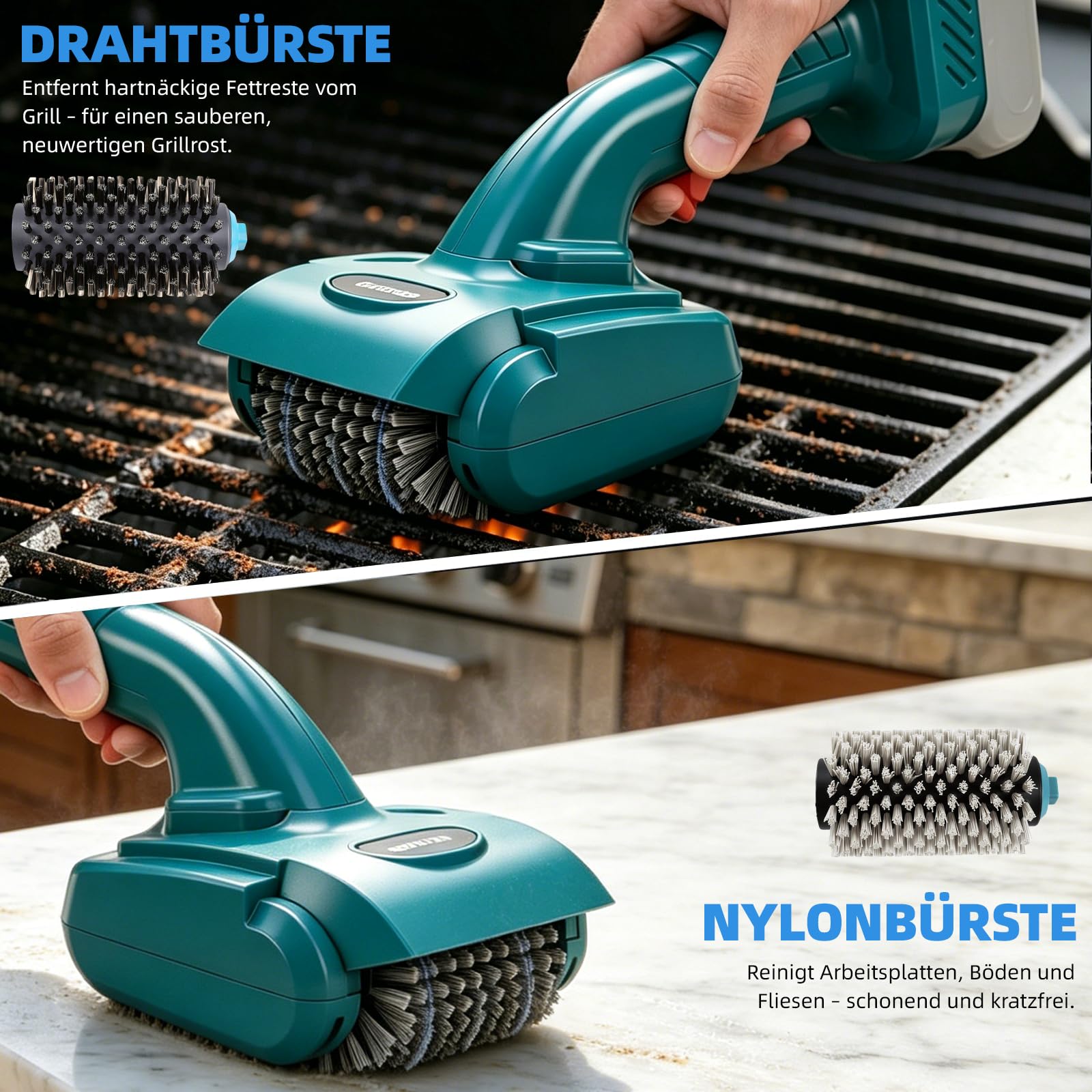 Elektrische Grillbürste für Makita 18V Akku, kabellos mit Edelstahl- & Nylonbürstenkopf, rotierend für Grillrost, Küche & Außenbereich (ohne Akku)