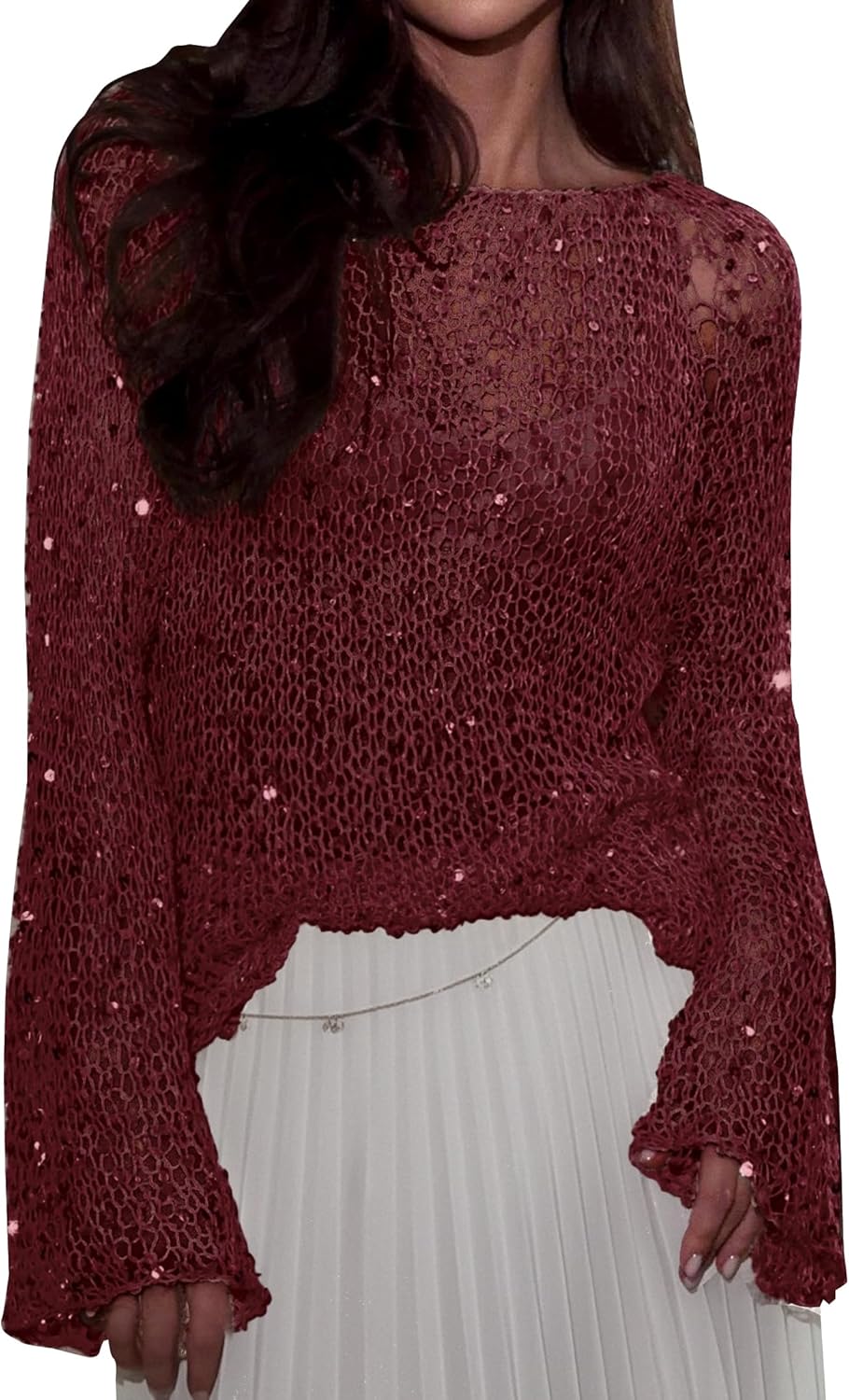 SOFIA'S CHOICE Women Sequin Long Sleeve Knit Tops Sexy Hollow Out See Through Shirt