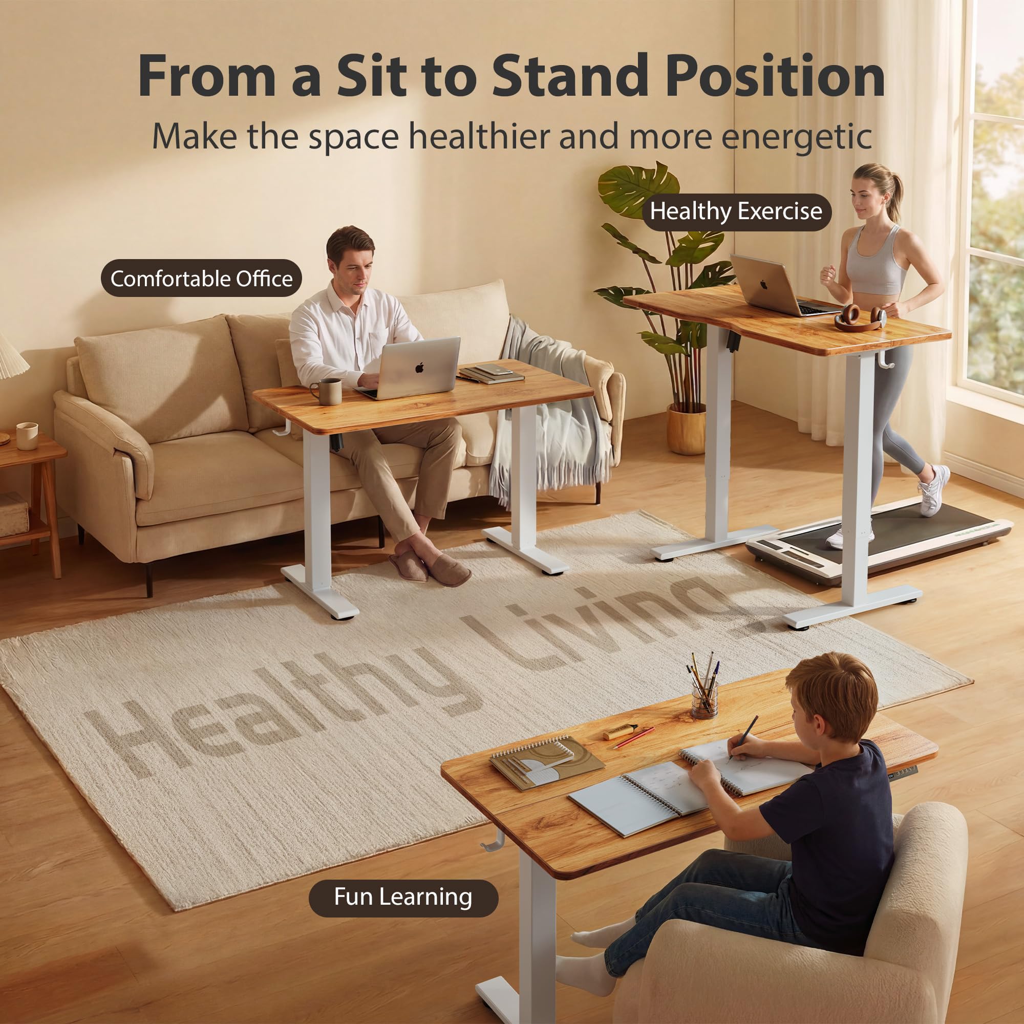 Cubiker Standing Desk, 55x28 Inches Sit Stand Home Office Desk, Electric Stand up Desk, Adjustable Desk with Splice Board, White Frame/Light Rustic Top view 3
