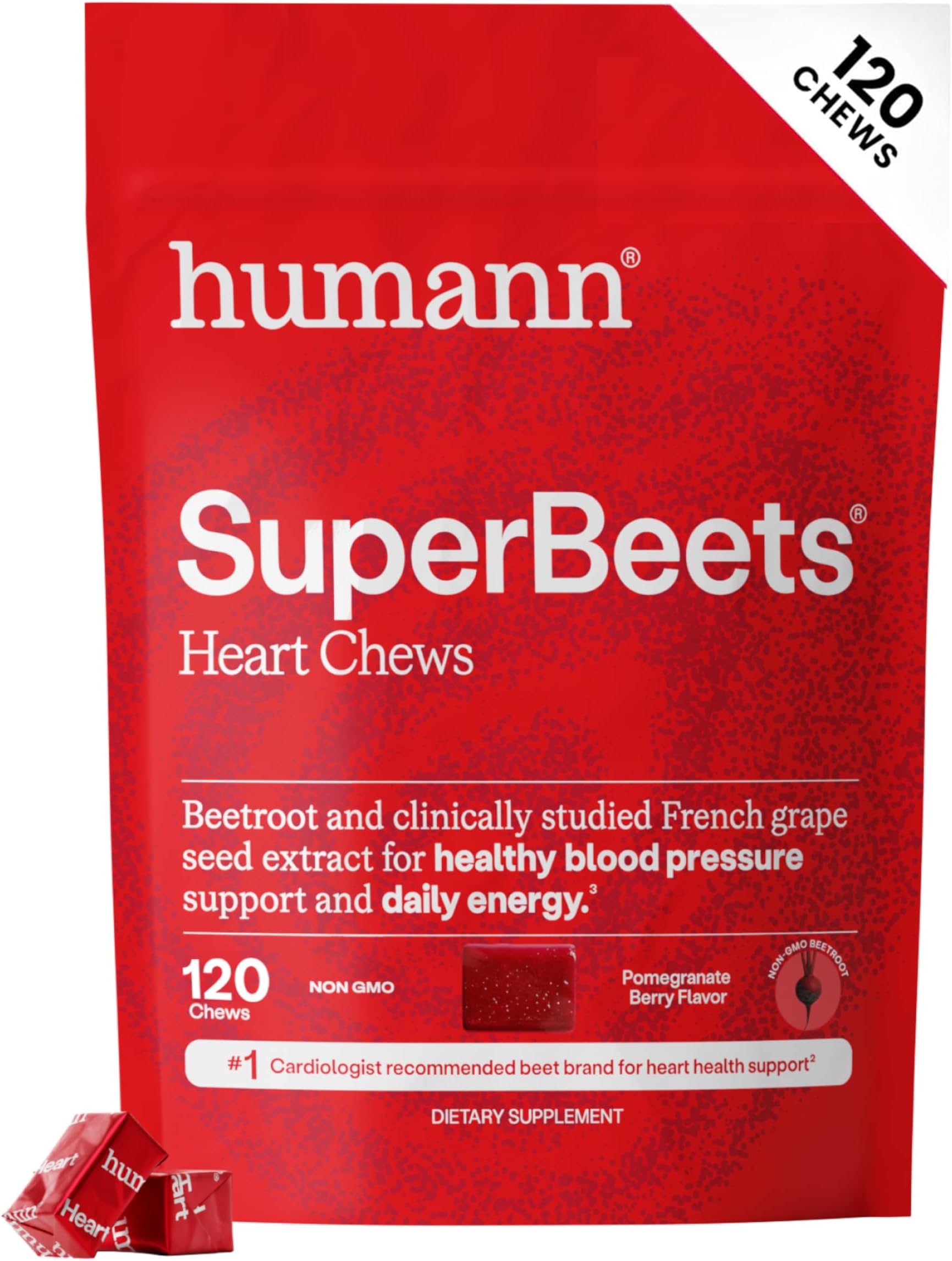 humanN SuperBeets Heart Chews, Beet Root Powder Support Energy Supplement, Nitric Oxide and Blood Pressure Support, Grape Seed Extract & Non-GMO, Heart Health, Pomegranate Berry Flavor, 120 Count