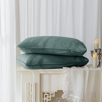 EVERLY 100% Linen Pillowcases Set of 2, Envelope Overlap Closure French Natural Washed Flax Pillowcases 20x30 inches-Aqua