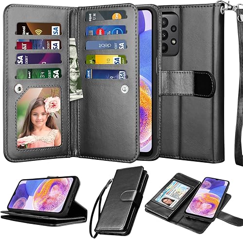 Njjex Funda tipo cartera para Samsung Galaxy A23 4G A23 5G, 9 ranuras para tarjetas, soporte de crédito de piel sintética, desmontable, soporte