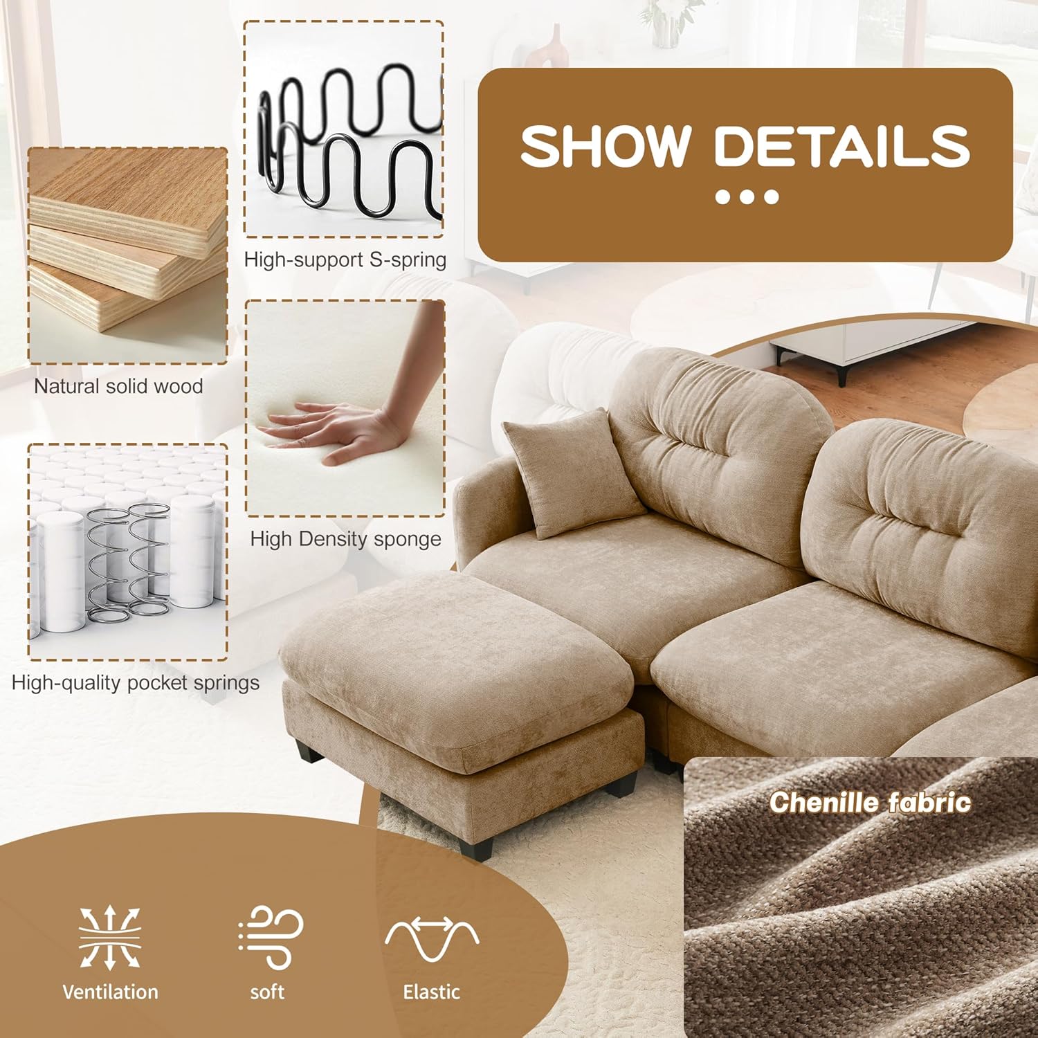 74" Modular Sectional Sofa Cloud Couch, L Shaped Couch with Movable Ottoman, Modern Loveseat Deep Seat Sectional Couches for Living Room, Comfy Chenille Sofa Modular Couches for Bedroom,Camel