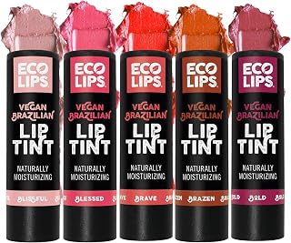 Eco Lips Vegan Cruelty-Free Brazilian Lip Tint Variety Pack - 100% Natural Lip Balm (Blessed, Blissful, Brave, Brazen, Bold) (5 Pack) | Made in USA