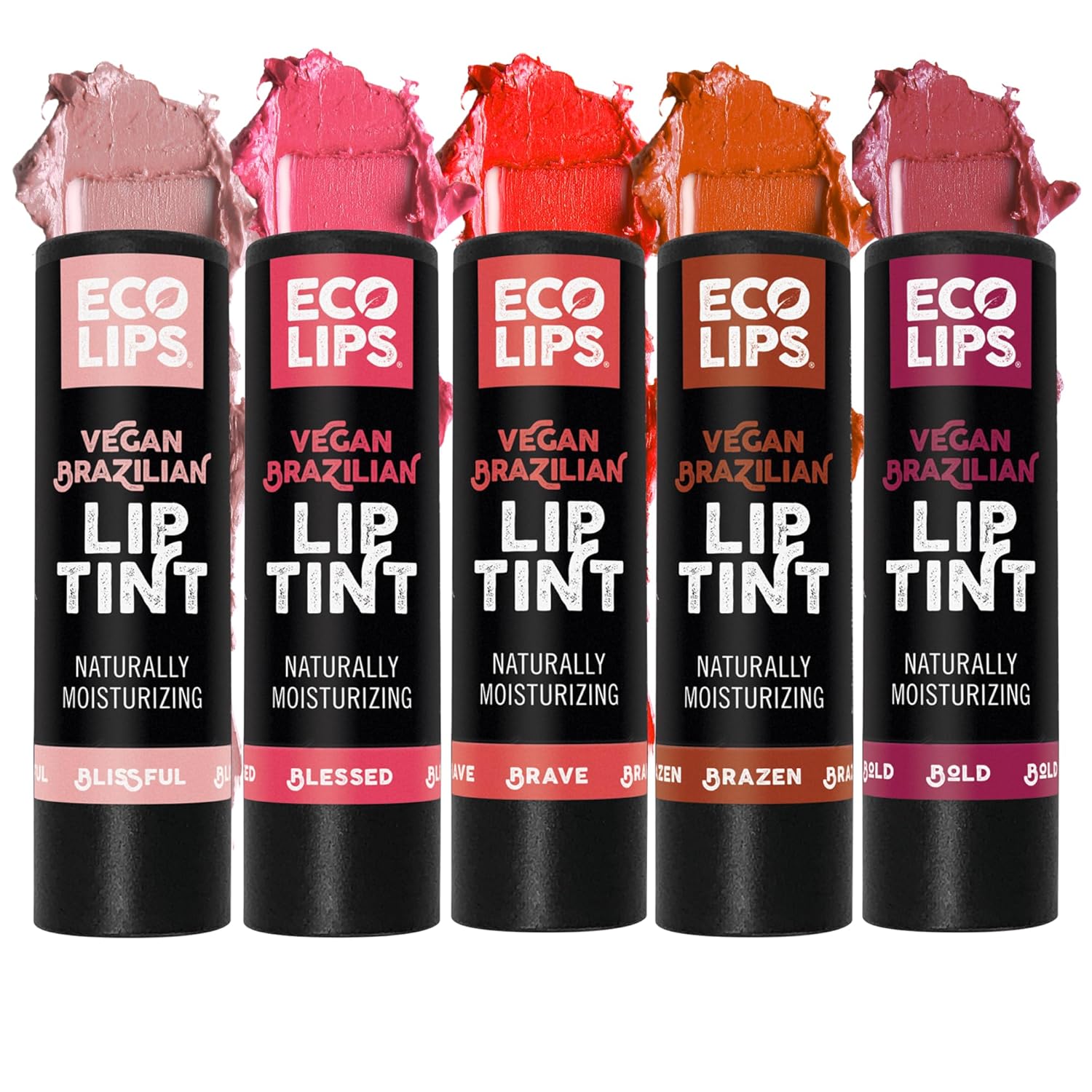 Eco Lips Vegan Cruelty-Free Brazilian Lip Tint Variety Pack – 100% Natural Lip Balm (Blessed, Blissful, Brave, Brazen, Bold) (5 Pack) | Made in USA
