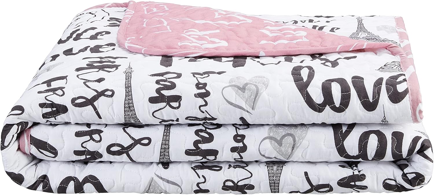Quilt Set, Bonjour Paris Eiffel Tower Quilt, Queen Size, 4-Piece Set Includes 1 Quilt, 1 Sham and 2 Pillows, 50% Cotton / 50% Polyester |Reversible and Lightweight, Pink & White