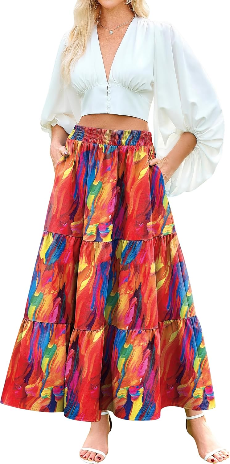 Arolina Maxi Skirt for Women Summer Boho Elastic High Waist Pleated A-Line Flowy Ruffle Swing Tiered Long Beach Skirt Dress