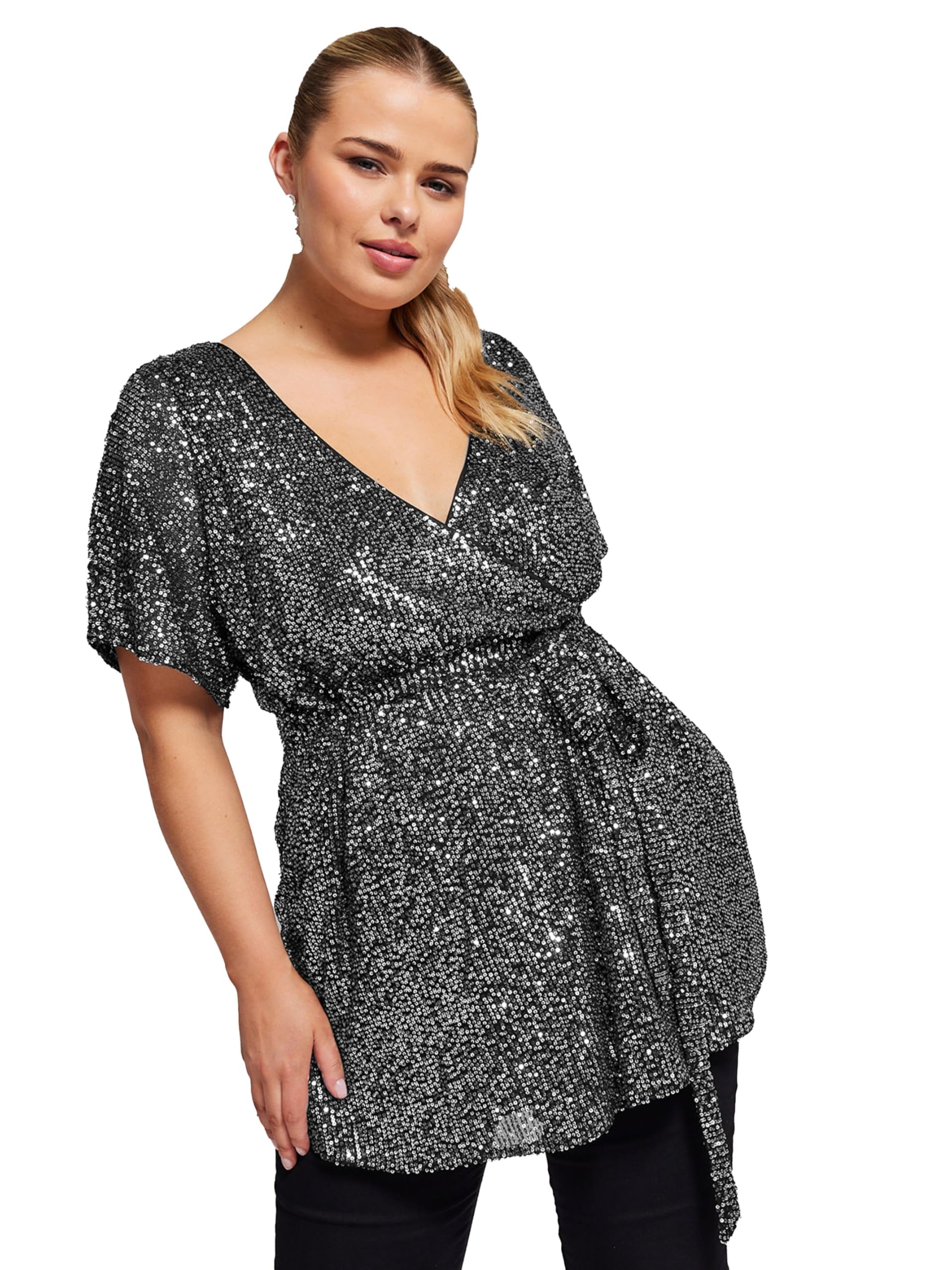 Yours Women's Silver Wrap Sequin Top In | Size: 20
